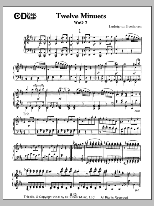 Ludwig van Beethoven Minuets (12), Woo 7 sheet music notes and chords arranged for Piano Solo