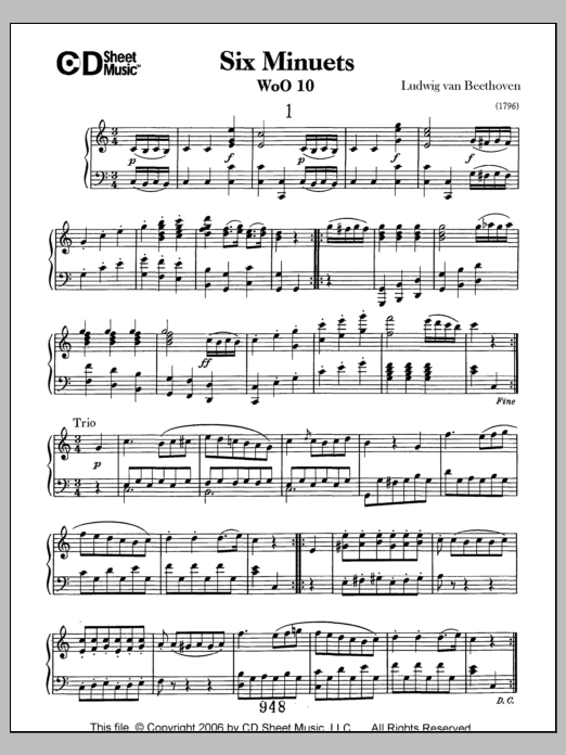 Ludwig van Beethoven Minuets (6), Woo 10 sheet music notes and chords arranged for Piano Solo