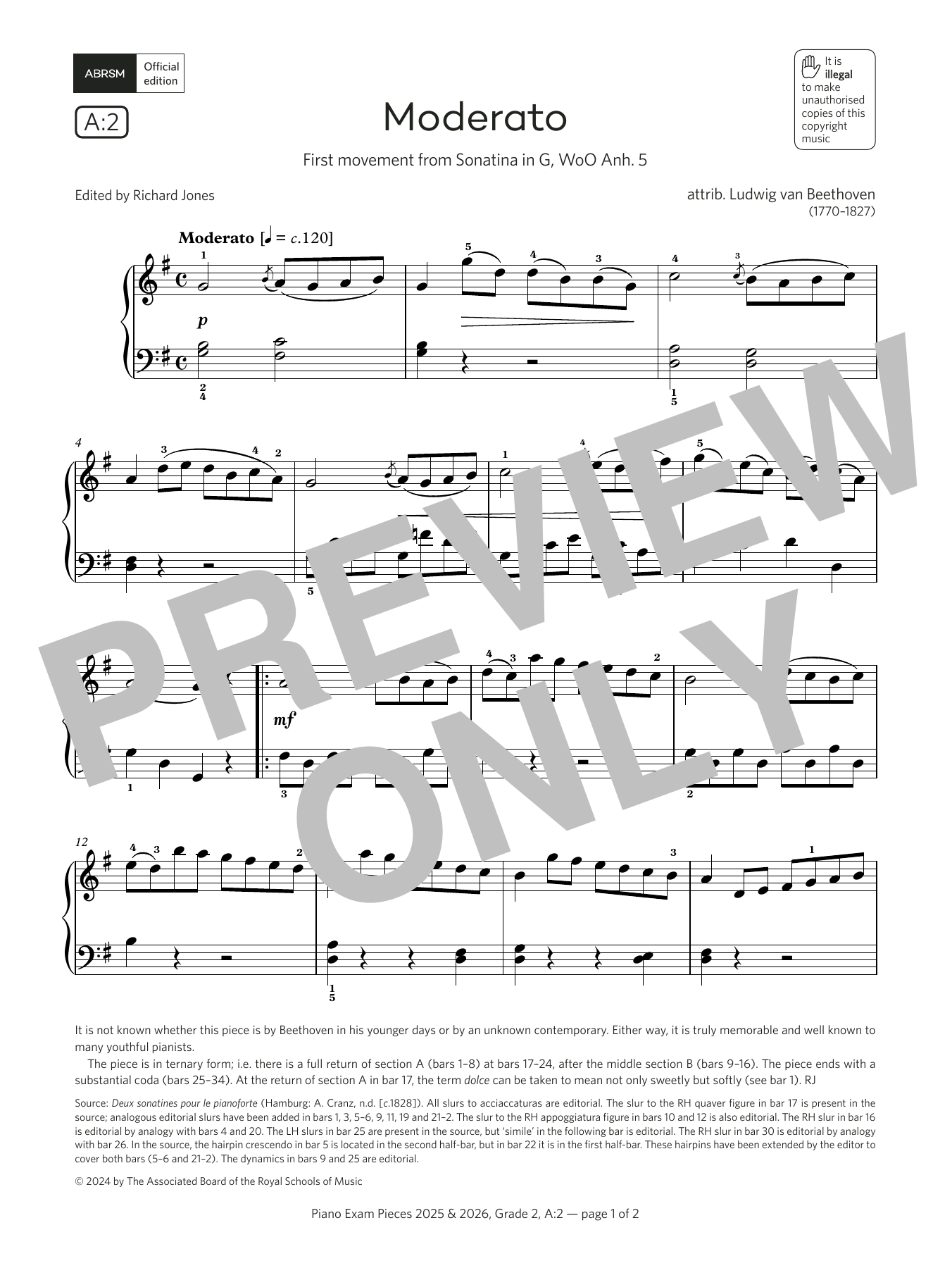 Ludwig van Beethoven Moderato (Grade 2, list A2, from the ABRSM Piano Syllabus 2025 & 2026) sheet music notes and chords arranged for Piano Solo