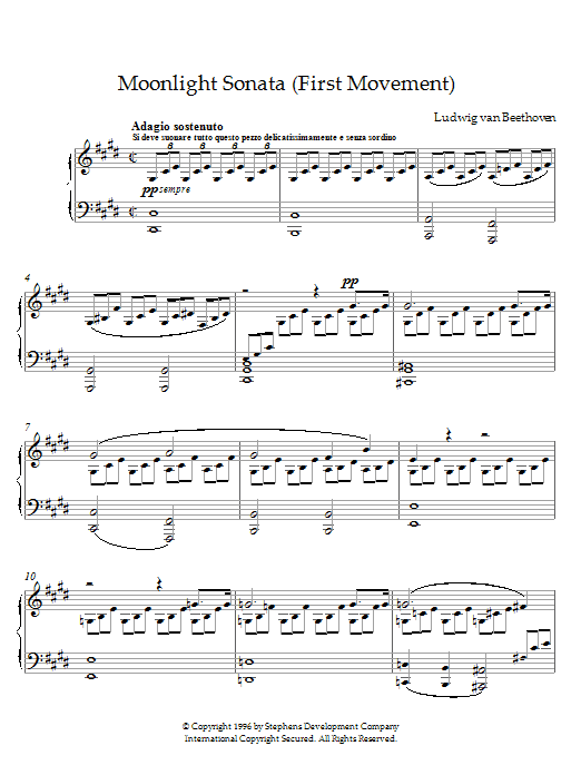 Ludwig van Beethoven Moonlight Sonata, First Movement, Op. 27, No. 2 sheet music notes and chords arranged for Piano Solo