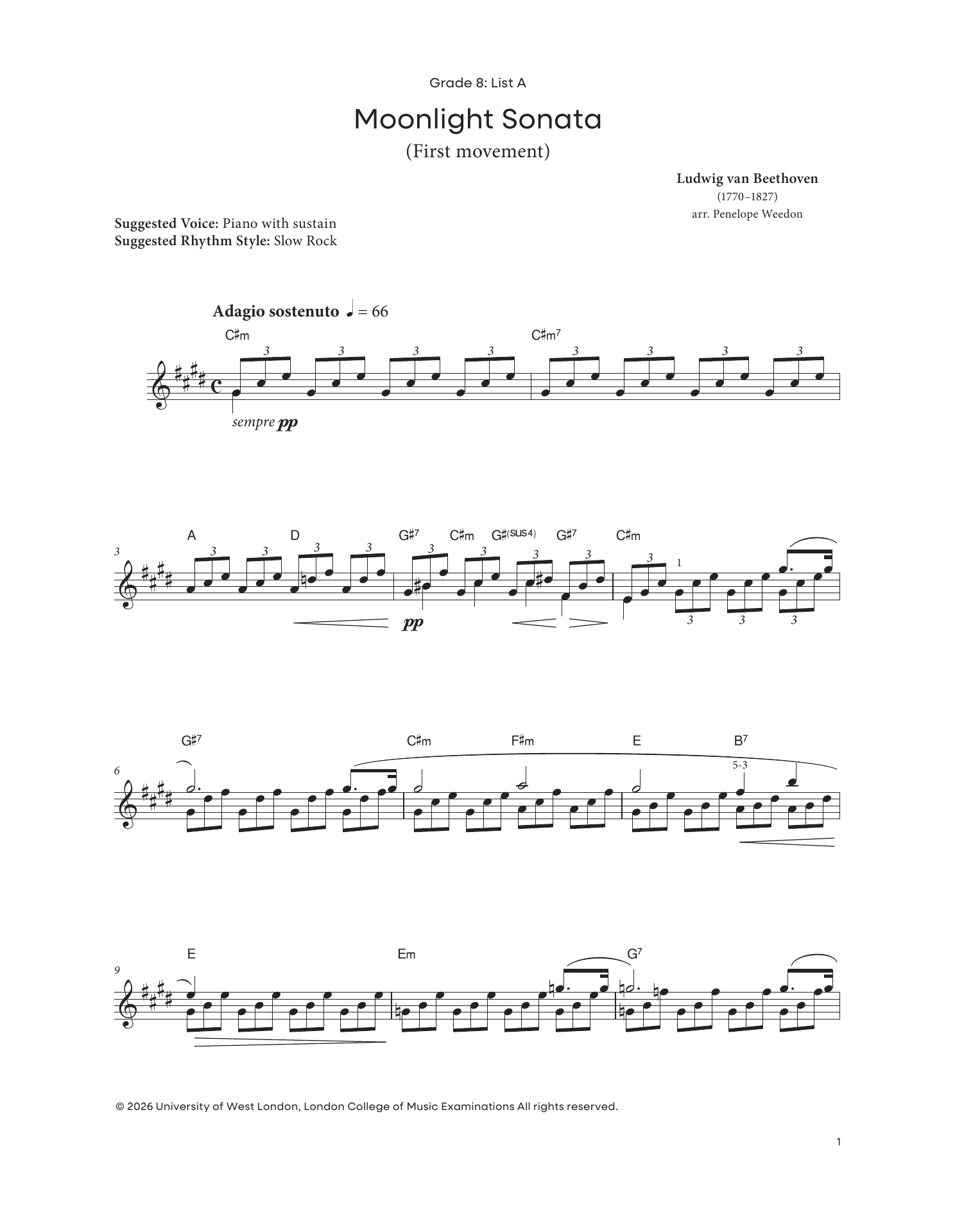 Ludwig Van Beethoven Moonlight Sonata (from LCME Electronic Keyboard Grade 8 List A) sheet music notes and chords arranged for Piano Solo