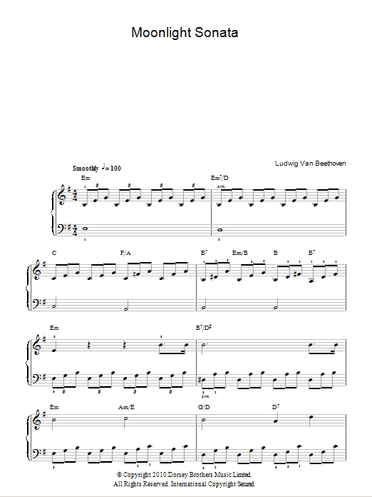 Ludwig van Beethoven Moonlight Sonata (Mondscheinsonate), First Movement, Op.27, No.2 sheet music notes and chords arranged for Easy Piano