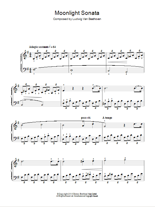 Ludwig van Beethoven Moonlight Sonata (Mondscheinsonate), First Movement, Op.27, No.2 sheet music notes and chords arranged for Easy Piano