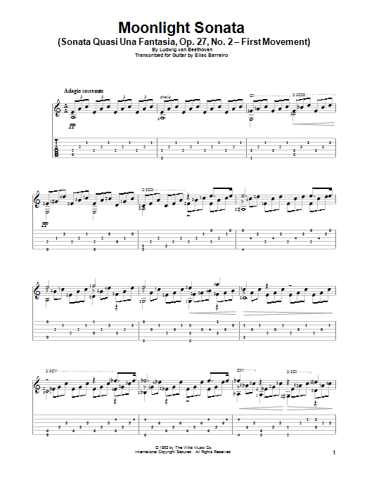 Ludwig van Beethoven Moonlight Sonata (Sonata Quasi Una Fantasia, Op. 27, No. 2 - First Movement) (arr. Elias Barreiro) sheet music notes and chords arranged for Solo Guitar
