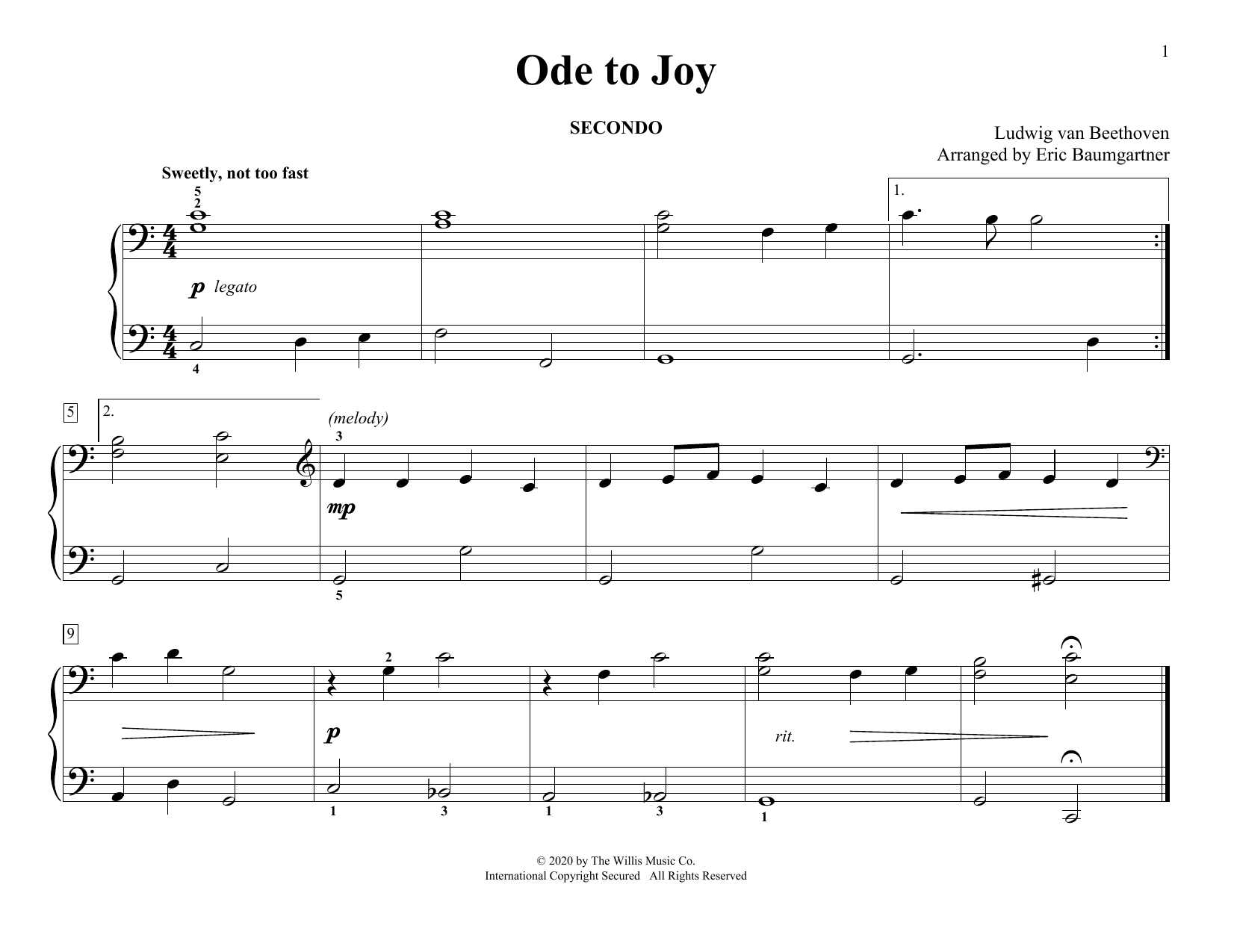Ludwig van Beethoven Ode To Joy (arr. Eric Baumgartner) sheet music notes and chords arranged for Piano Duet