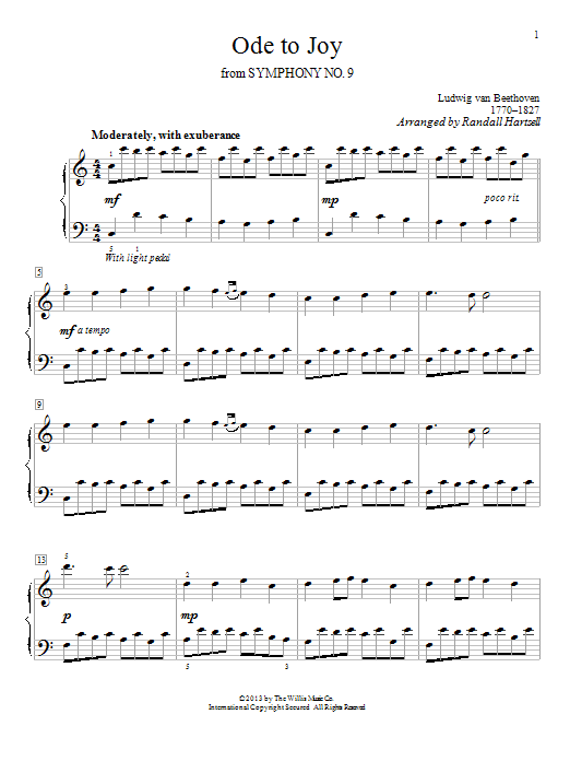 Ludwig van Beethoven Ode To Joy (arr. Randall Hartsell) sheet music notes and chords arranged for Piano Solo