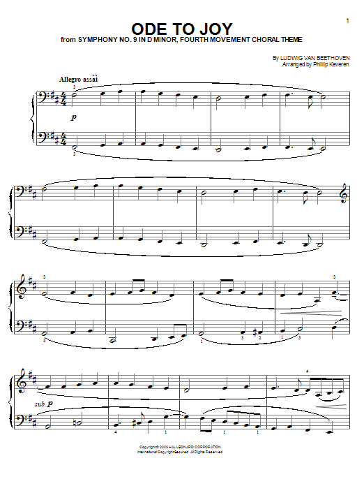 Ludwig van Beethoven Ode To Joy (from Immortal Beloved) (arr. Phillip Keveren) sheet music notes and chords arranged for Easy Piano