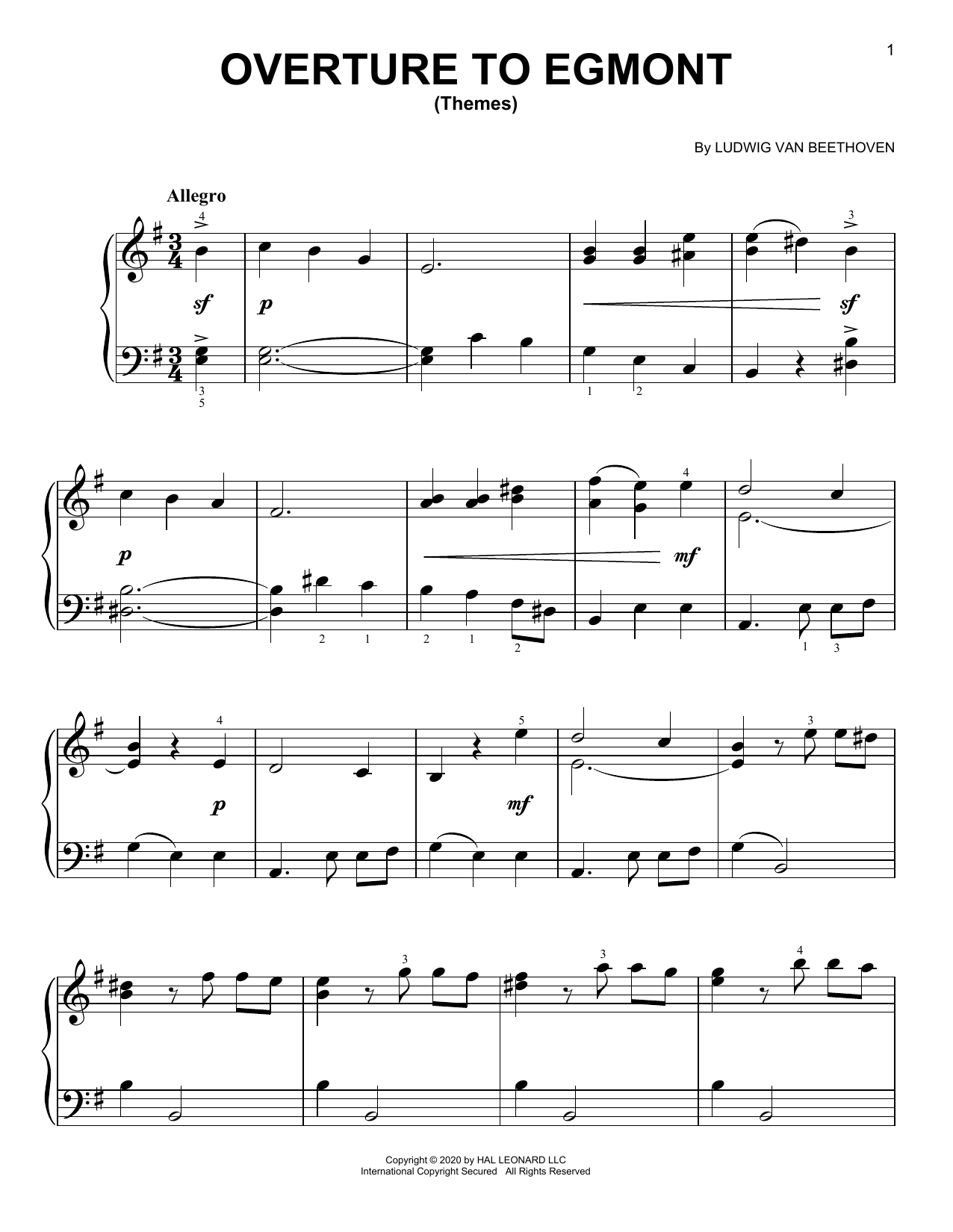Ludwig van Beethoven Overture To Egmont (Themes) sheet music notes and chords arranged for Easy Piano