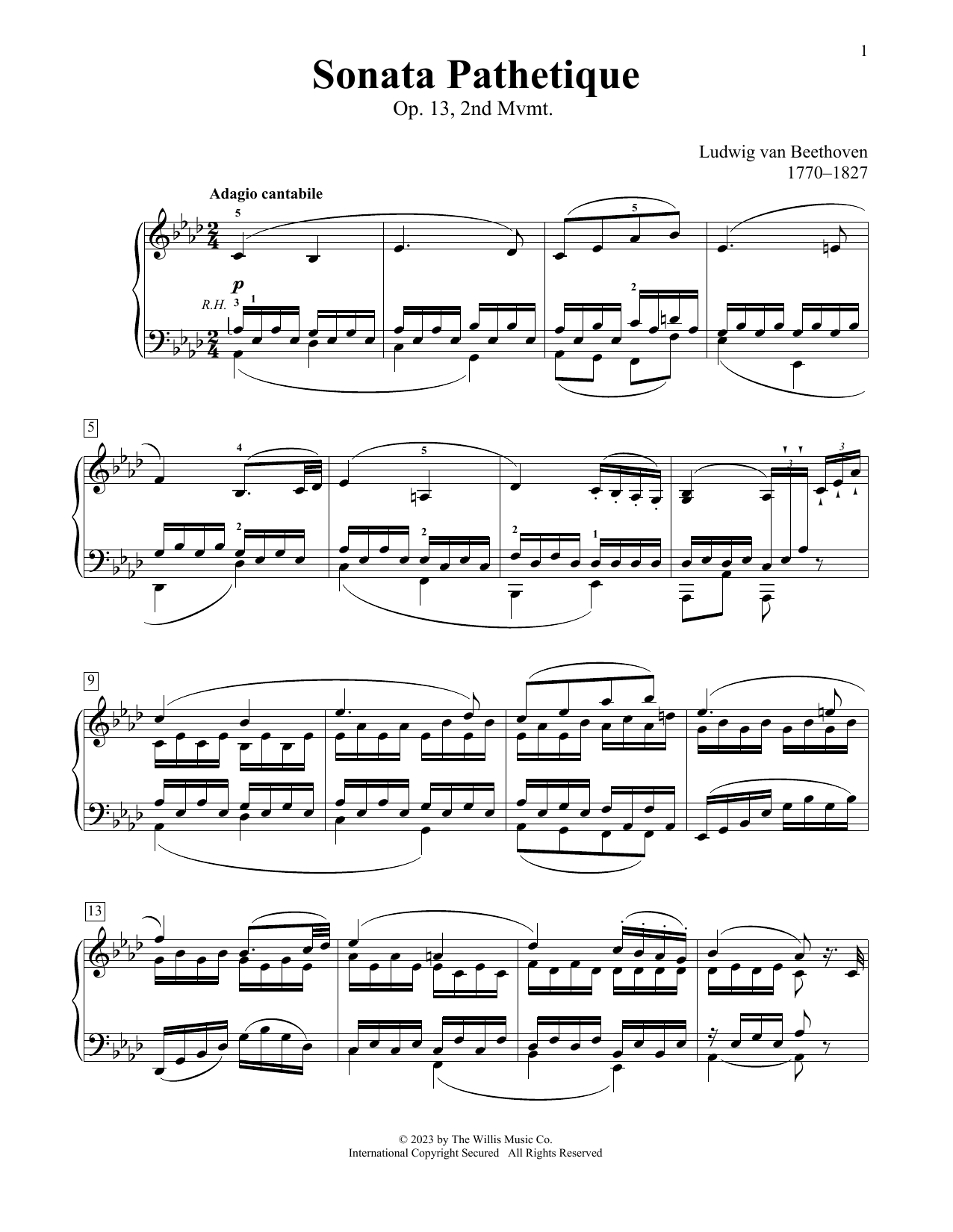 Ludwig van Beethoven Pathetique Sonata, Op.13, 2nd mvmt sheet music notes and chords arranged for Educational Piano