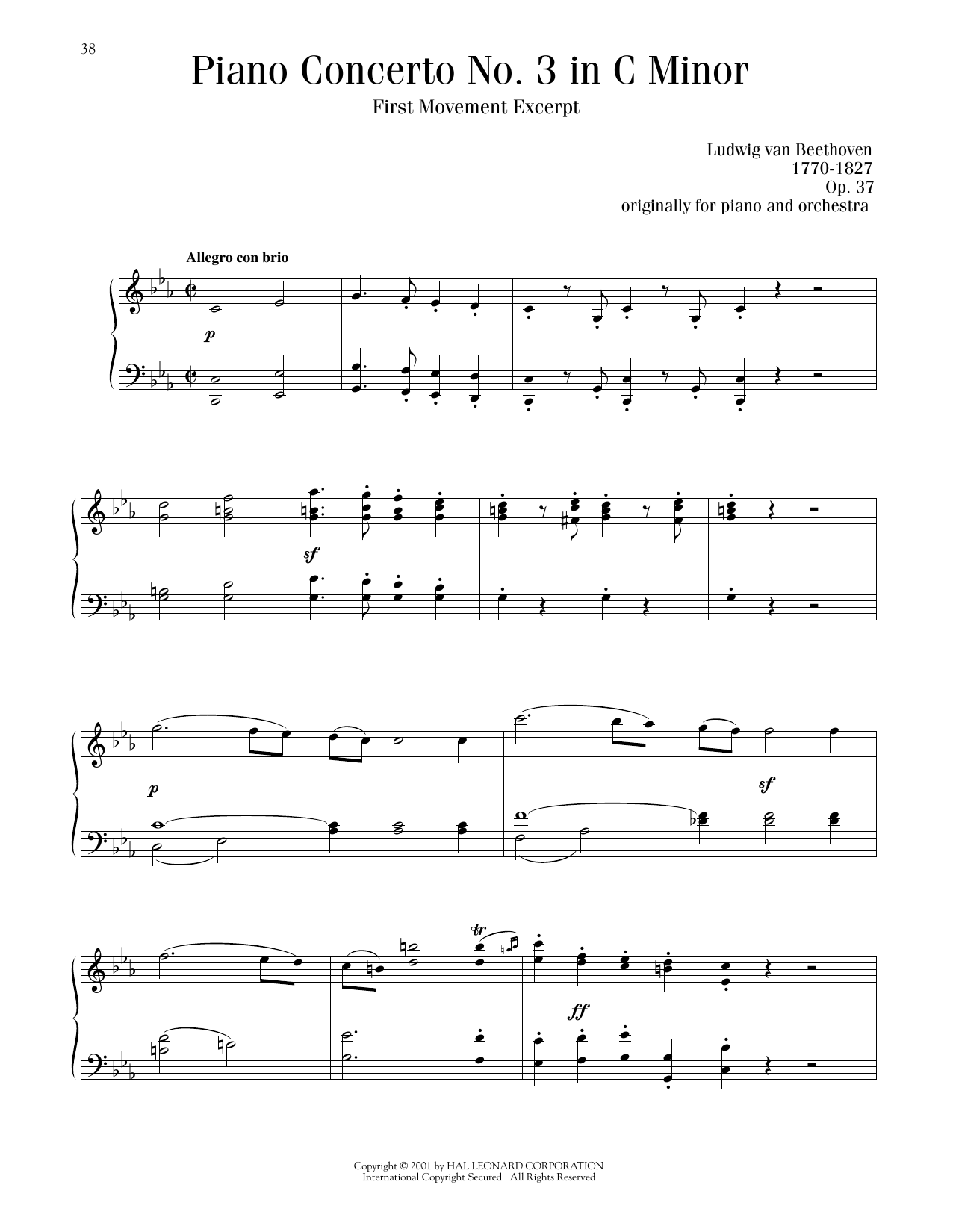 Ludwig van Beethoven Piano Concerto No. 3, Op. 37 sheet music notes and chords arranged for Piano Solo