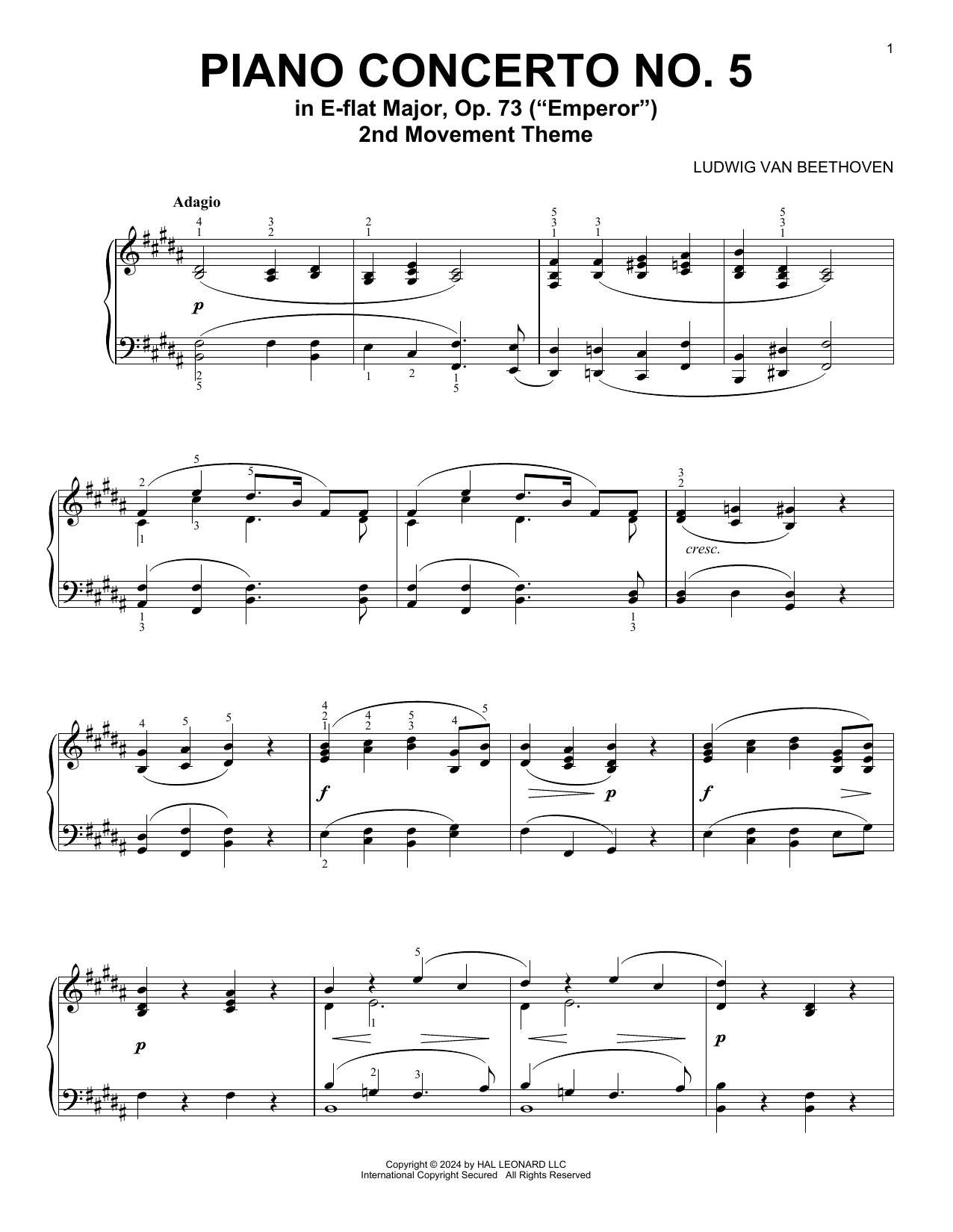 Ludwig van Beethoven Piano Concerto No. 5, 2nd Movement sheet music notes and chords arranged for Piano Solo