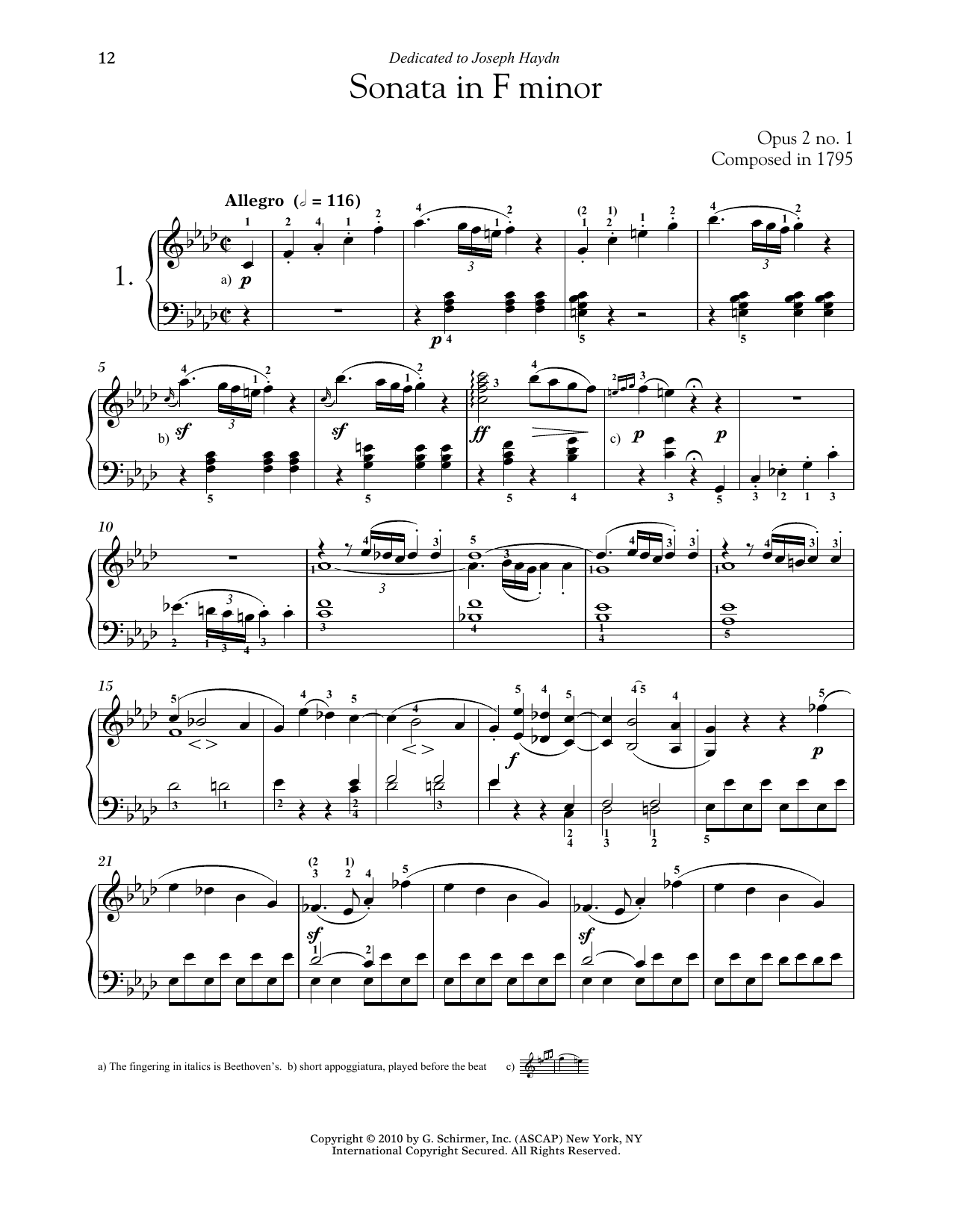 Ludwig van Beethoven Piano Sonata No. 1 In F Minor, Op. 2, No. 1 sheet music notes and chords arranged for Piano Solo