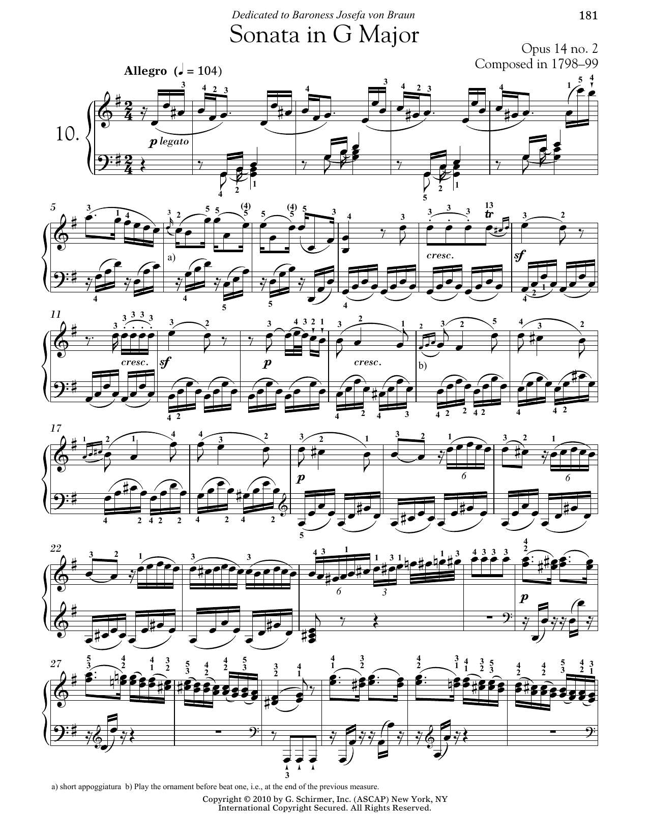Ludwig van Beethoven Piano Sonata No. 10 In G Major, Op. 14, No. 2 sheet music notes and chords arranged for Piano Solo