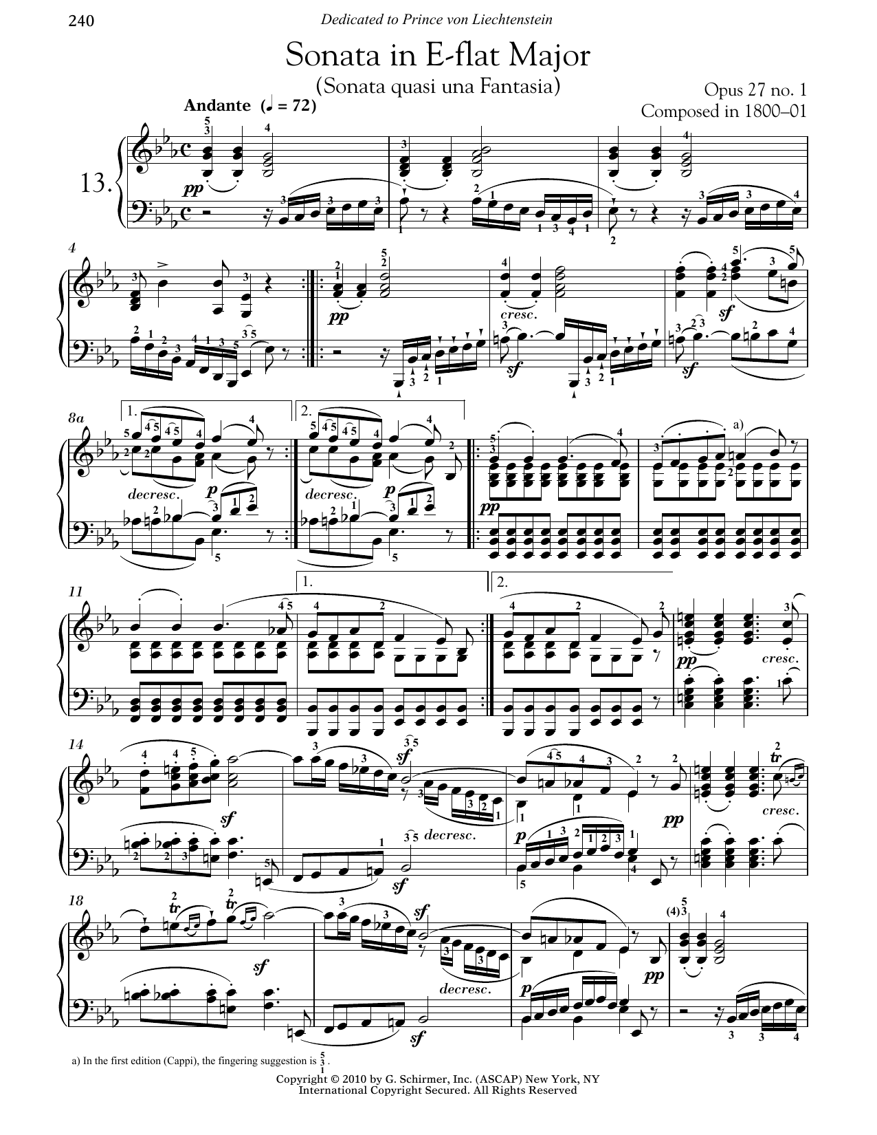 Ludwig van Beethoven Piano Sonata No. 13 In E-flat Major, Op. 27, No. 1 sheet music notes and chords arranged for Piano Solo