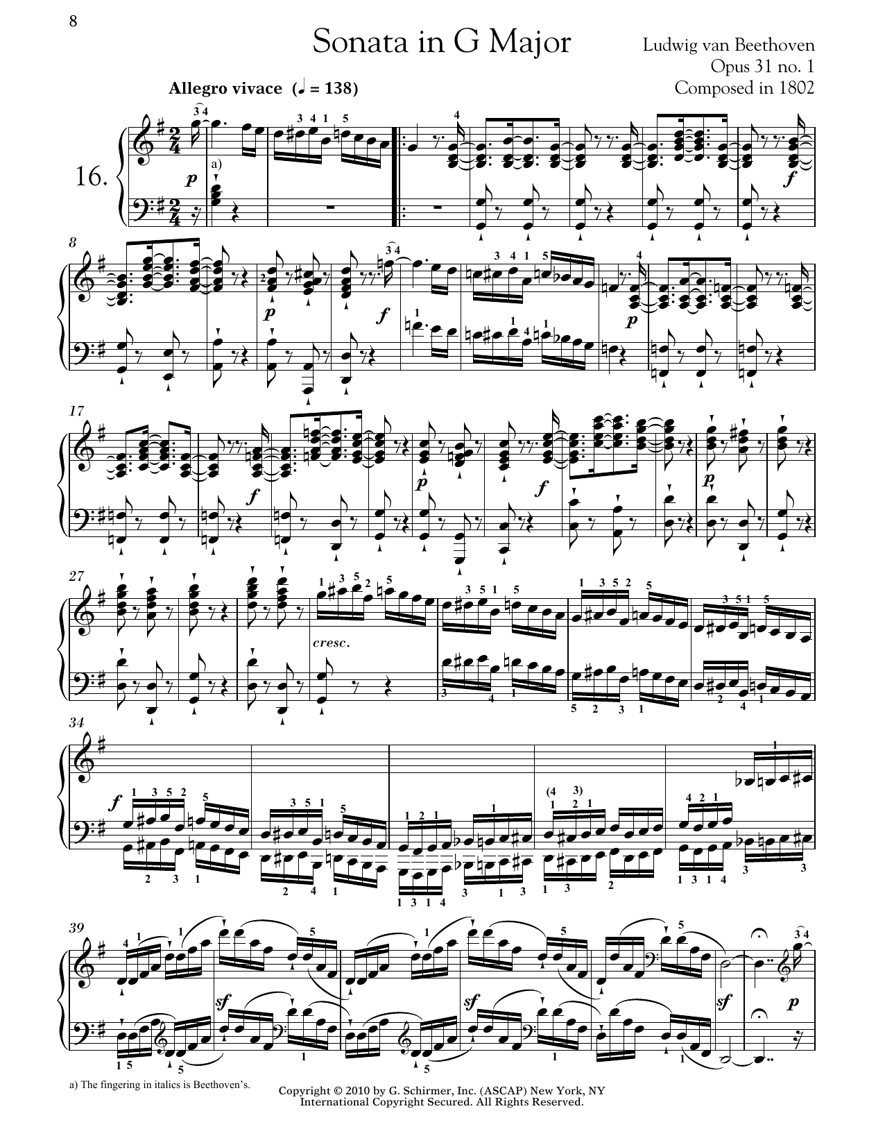 Ludwig van Beethoven Piano Sonata No. 16 In G Major, Op. 31, No. 1 sheet music notes and chords arranged for Piano Solo