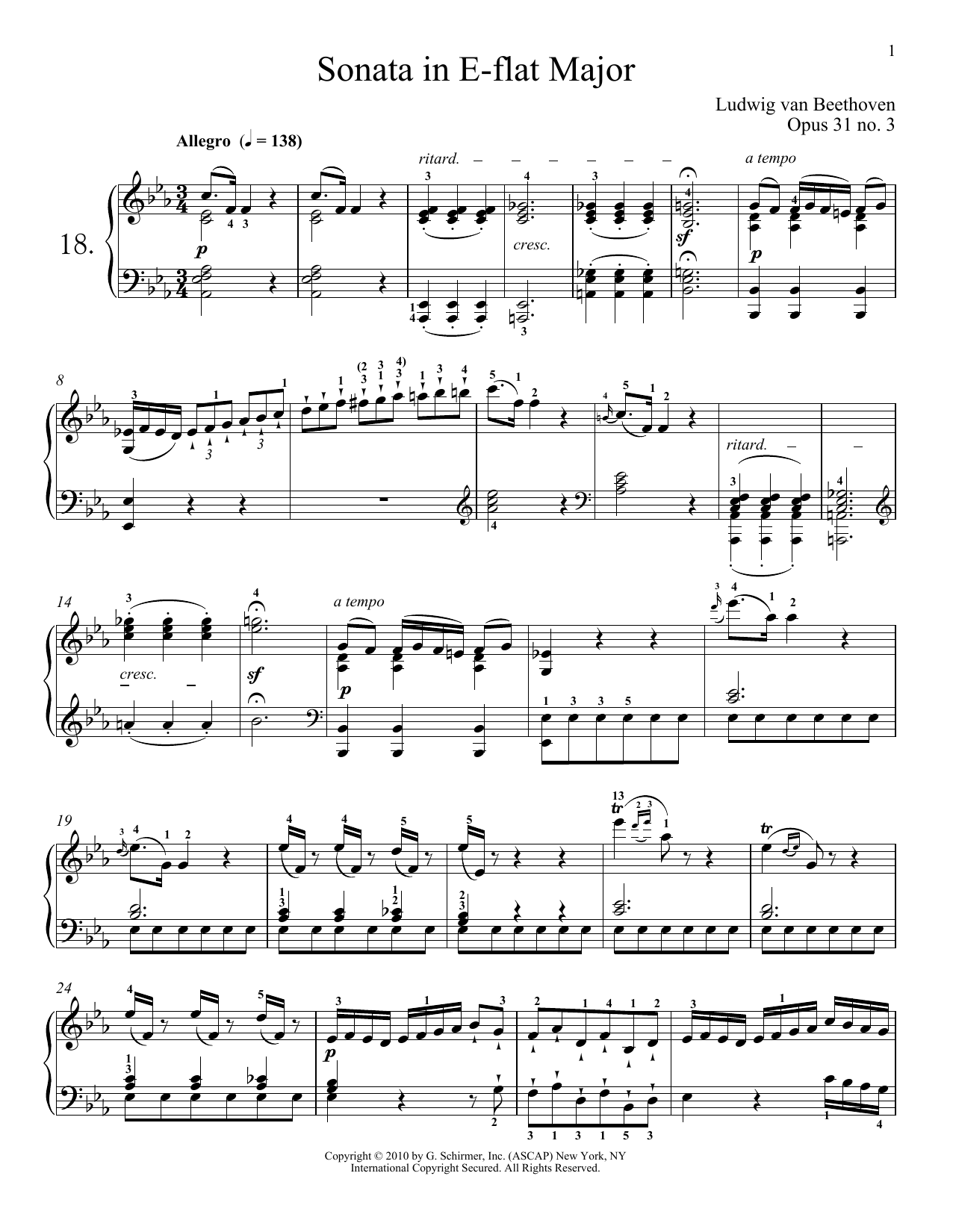 Ludwig van Beethoven Piano Sonata No. 18 In E-flat Major, Op. 31, No. 3 sheet music notes and chords arranged for Piano Solo