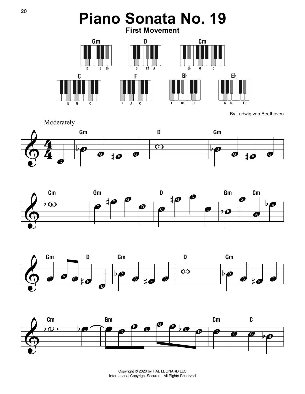 Ludwig van Beethoven Piano Sonata No. 19, First Movement sheet music notes and chords arranged for Super Easy Piano