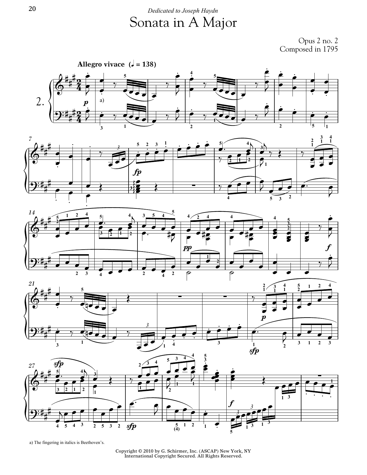 Ludwig van Beethoven Piano Sonata No. 2 In A Major, Op. 2, No. 2 sheet music notes and chords arranged for Piano Solo