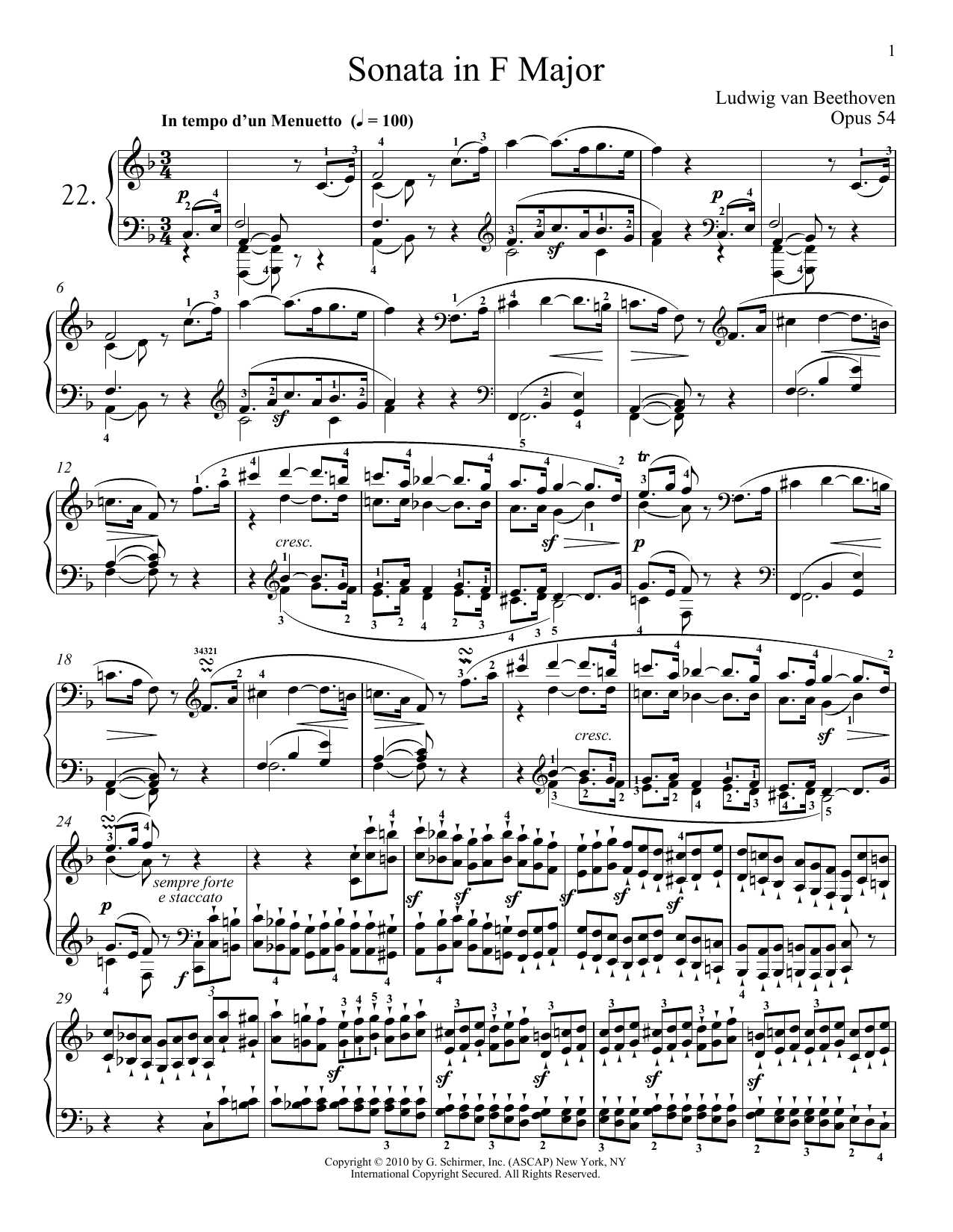 Ludwig van Beethoven Piano Sonata No. 22 In F Major, Op. 54 sheet music notes and chords arranged for Piano Solo