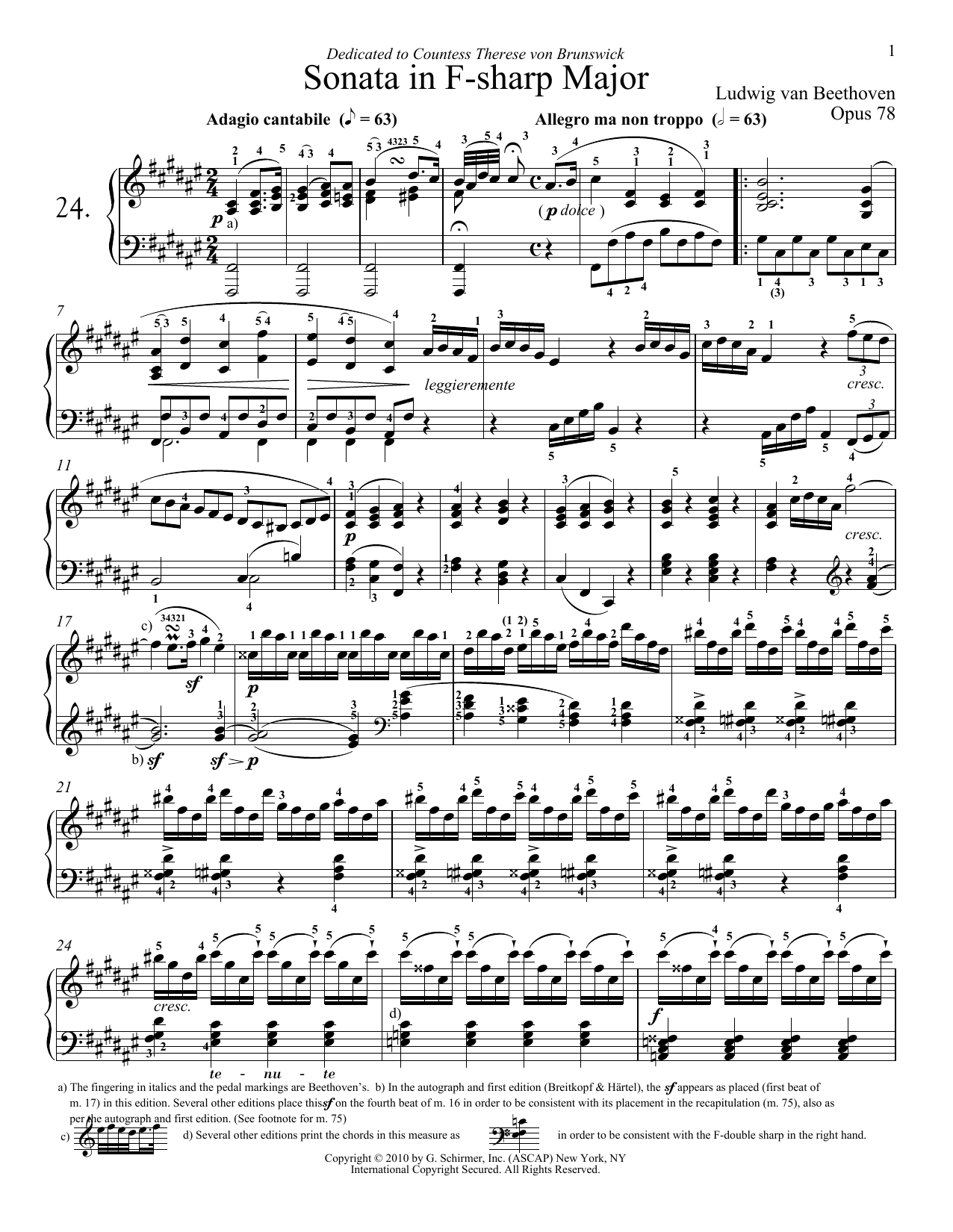 Ludwig van Beethoven Piano Sonata No. 24 In F-Sharp Major, Op. 78 sheet music notes and chords arranged for Piano Solo