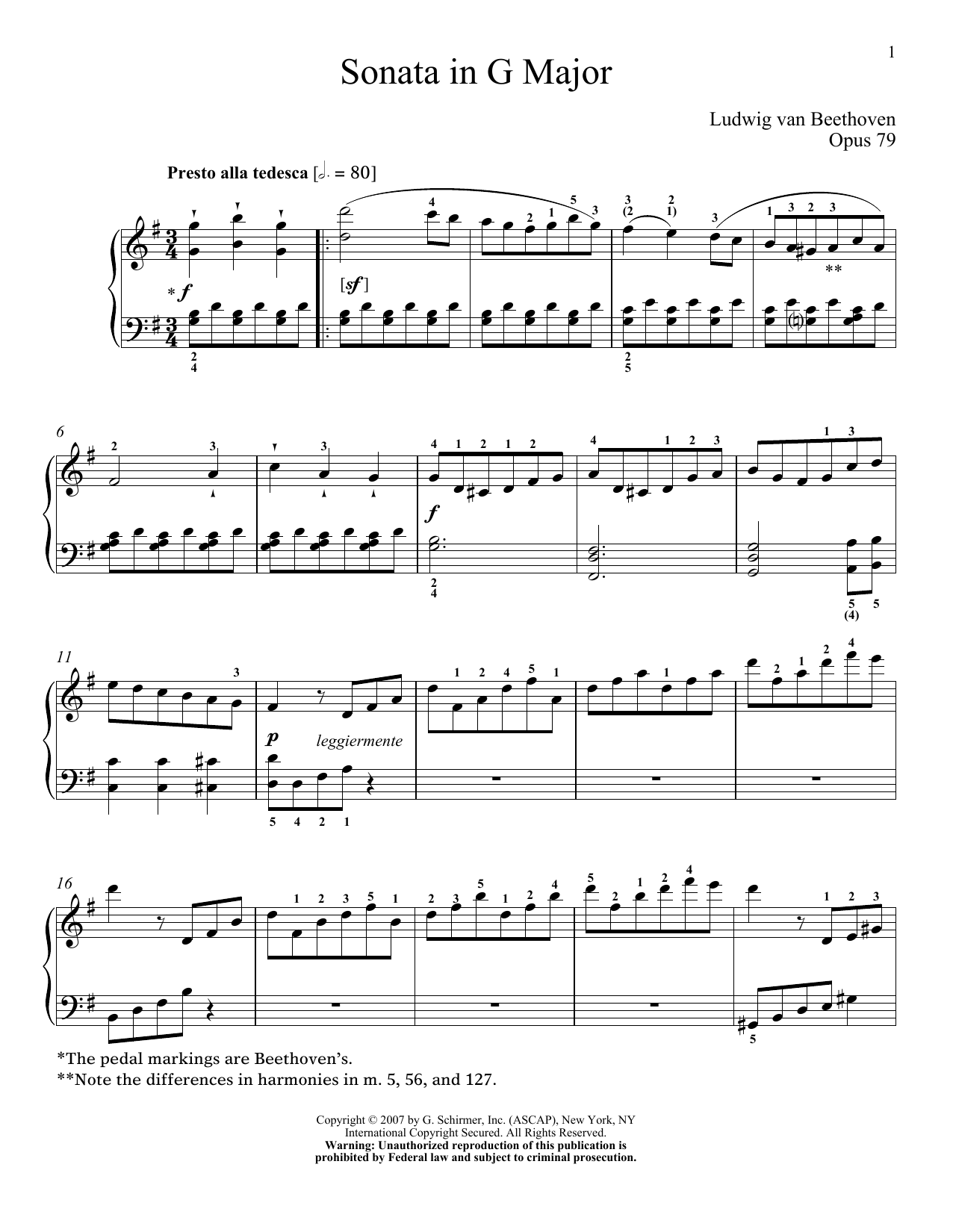 Ludwig van Beethoven Piano Sonata No. 25 In G Major, Op. 79 sheet music notes and chords arranged for Piano Solo