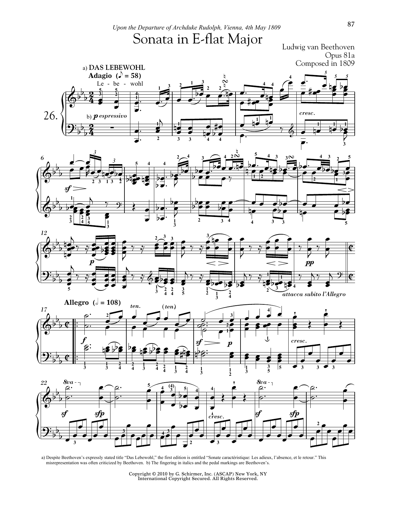 Ludwig van Beethoven Piano Sonata No. 26 In E-Flat Major, Op. 81a sheet music notes and chords arranged for Piano Solo