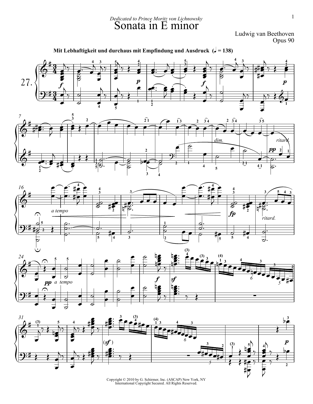 Ludwig van Beethoven Piano Sonata No. 27 In E Minor, Op. 90 sheet music notes and chords arranged for Piano Solo