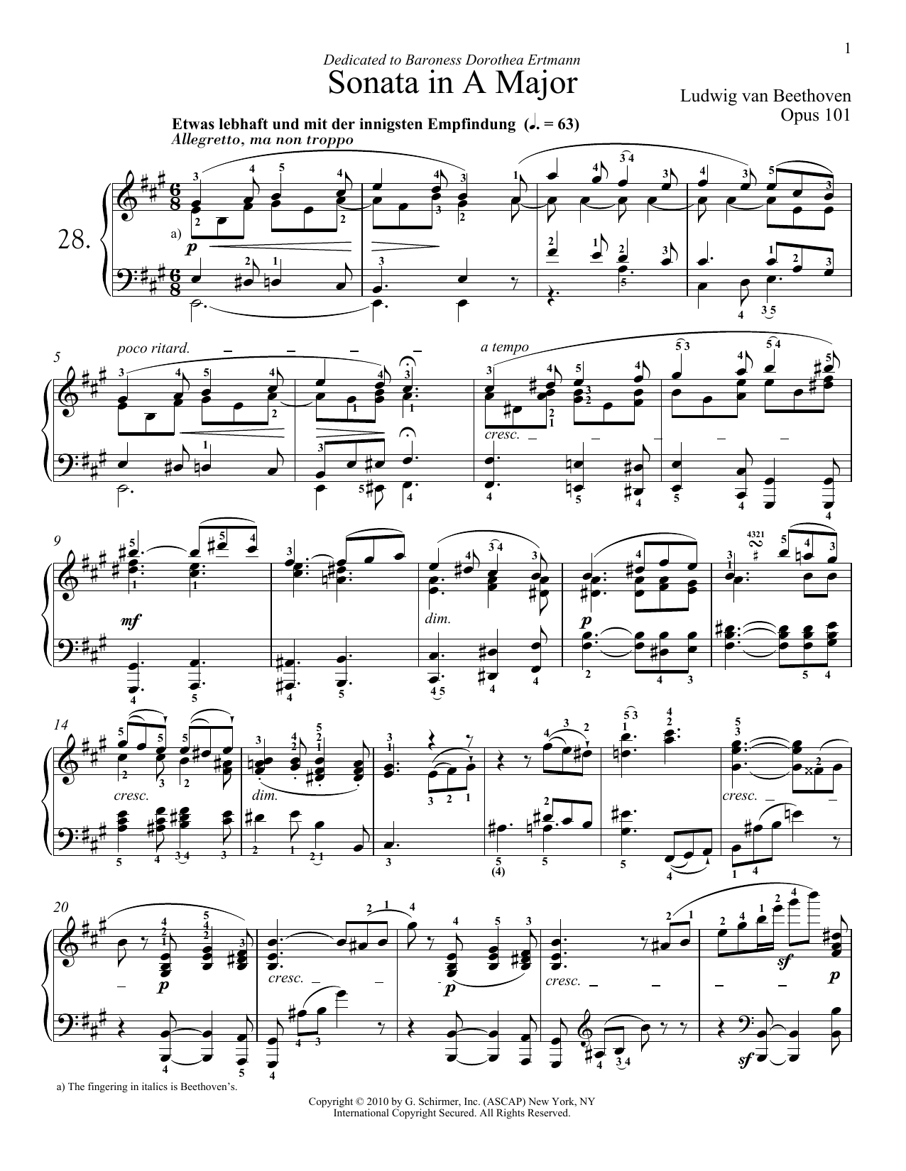 Ludwig van Beethoven Piano Sonata No. 28 In A Major, Op. 101 sheet music notes and chords arranged for Piano Solo