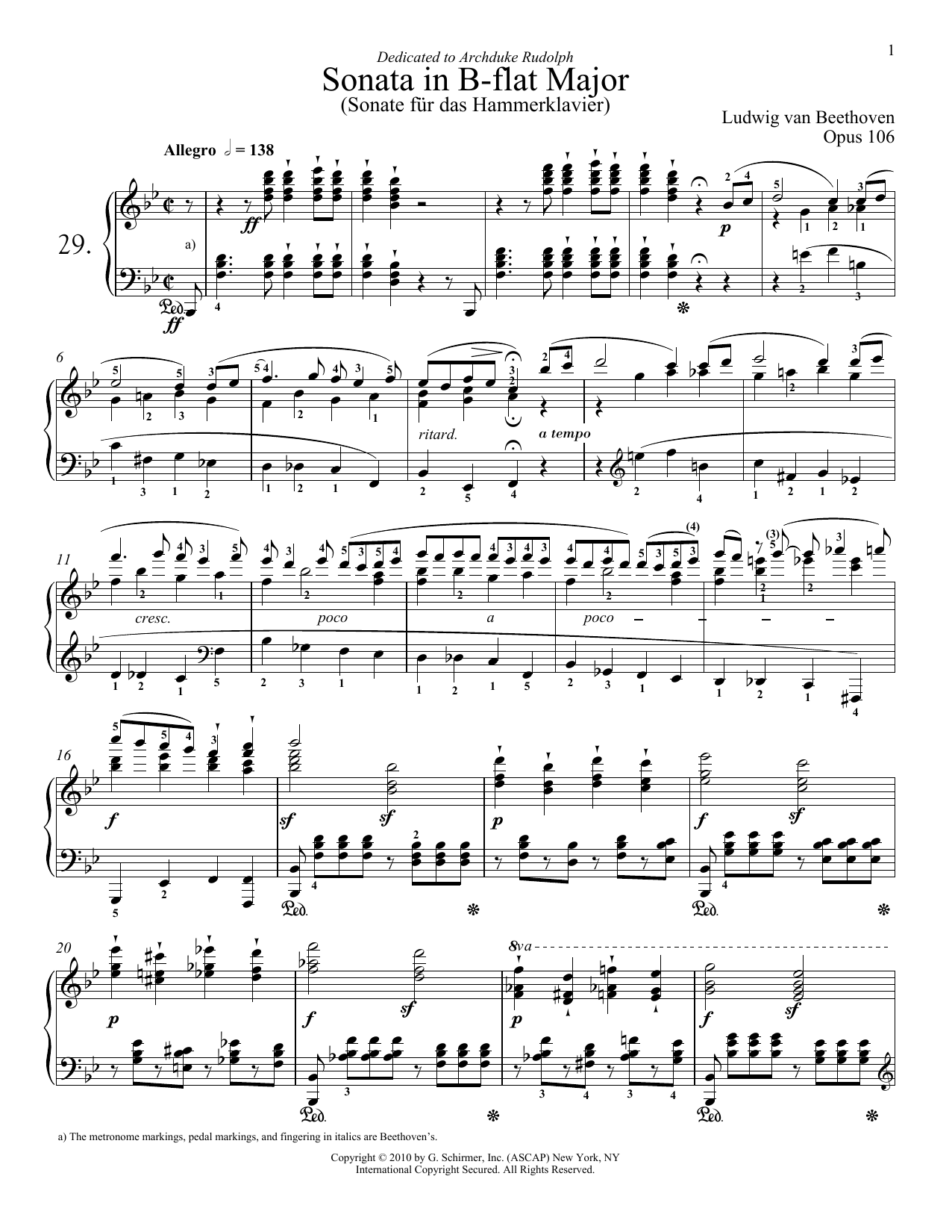 Ludwig van Beethoven Piano Sonata No. 29 In B-Flat Major, Op. 106 sheet music notes and chords arranged for Piano Solo
