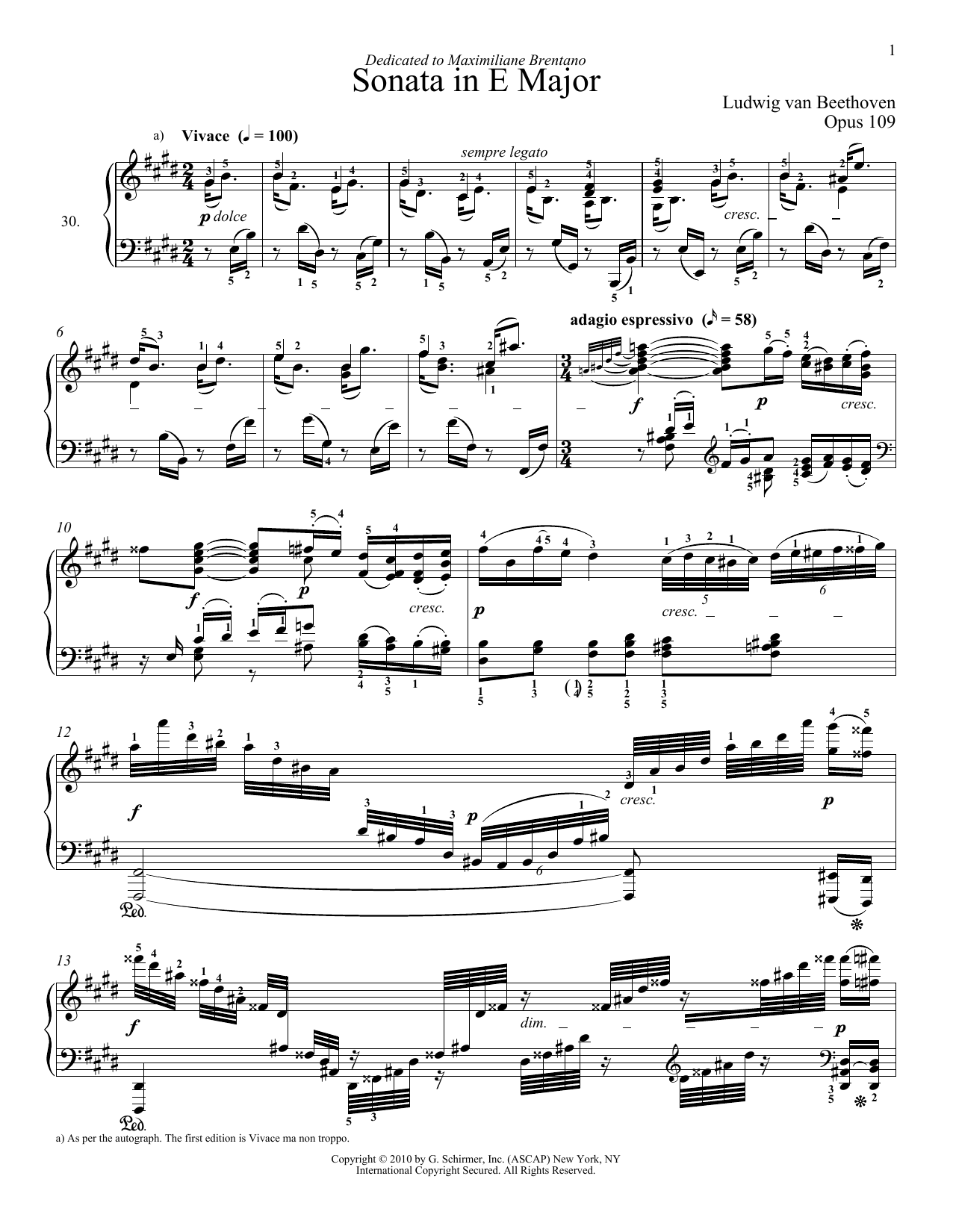 Ludwig van Beethoven Piano Sonata No. 30 In E Major, Op. 109 sheet music notes and chords arranged for Piano Solo