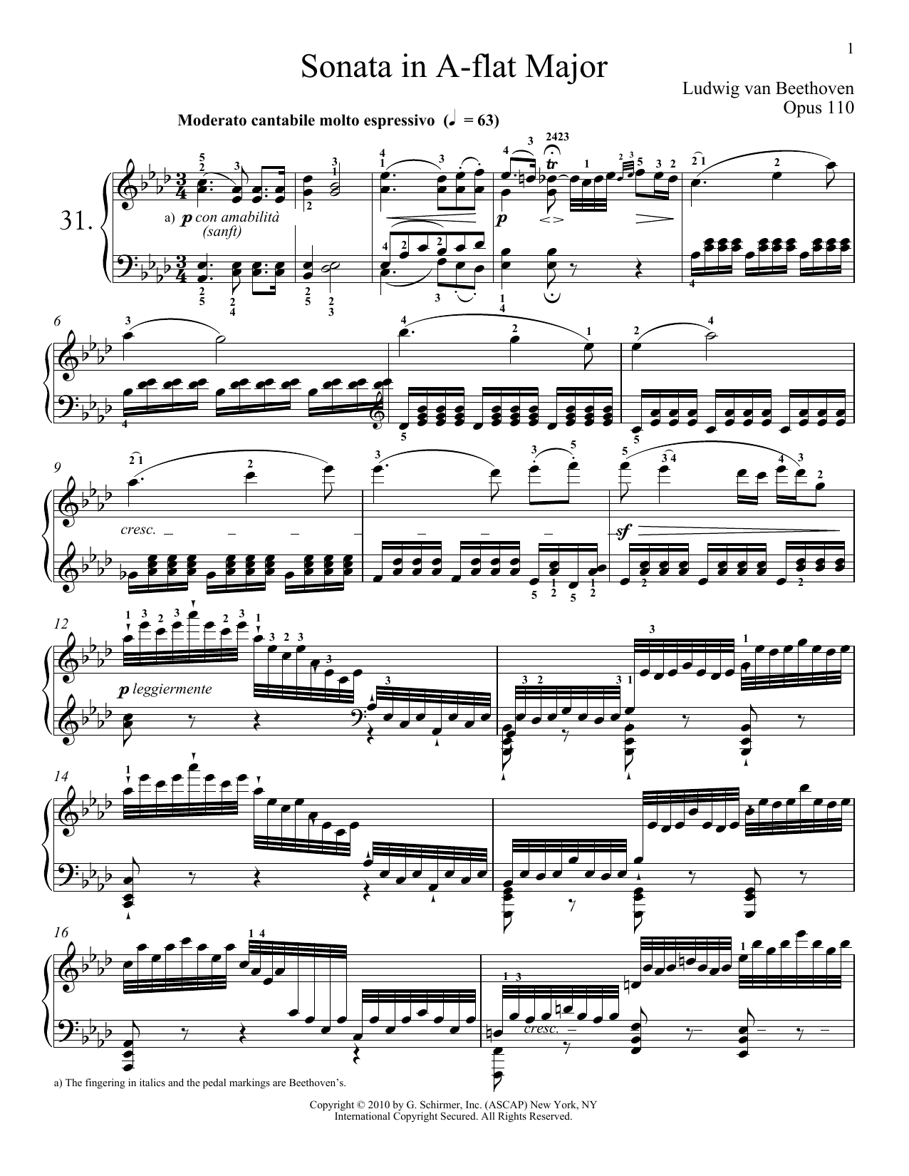 Ludwig van Beethoven Piano Sonata No. 31 In A-flat Major, Op. 110 sheet music notes and chords arranged for Piano Solo