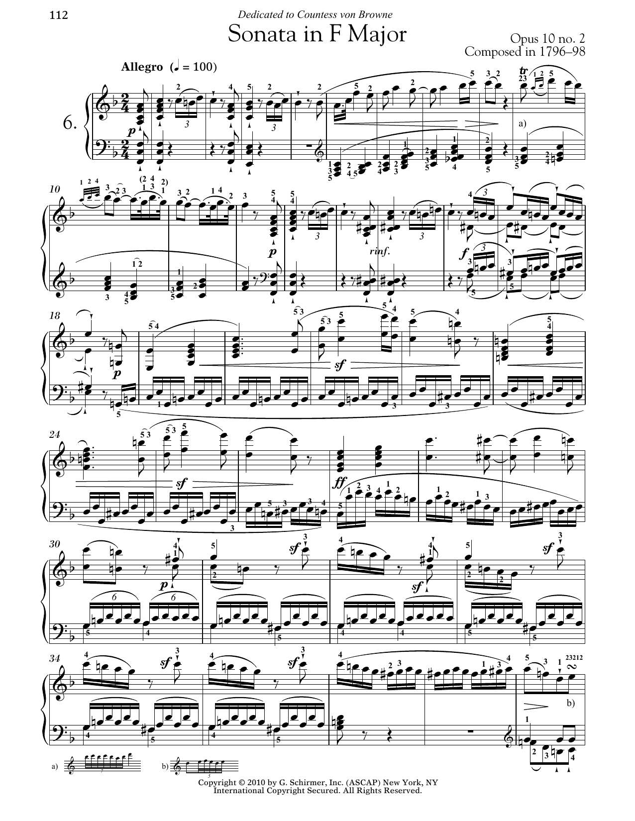 Ludwig van Beethoven Piano Sonata No. 6 In F Major, Op. 10, No. 2 sheet music notes and chords arranged for Piano Solo