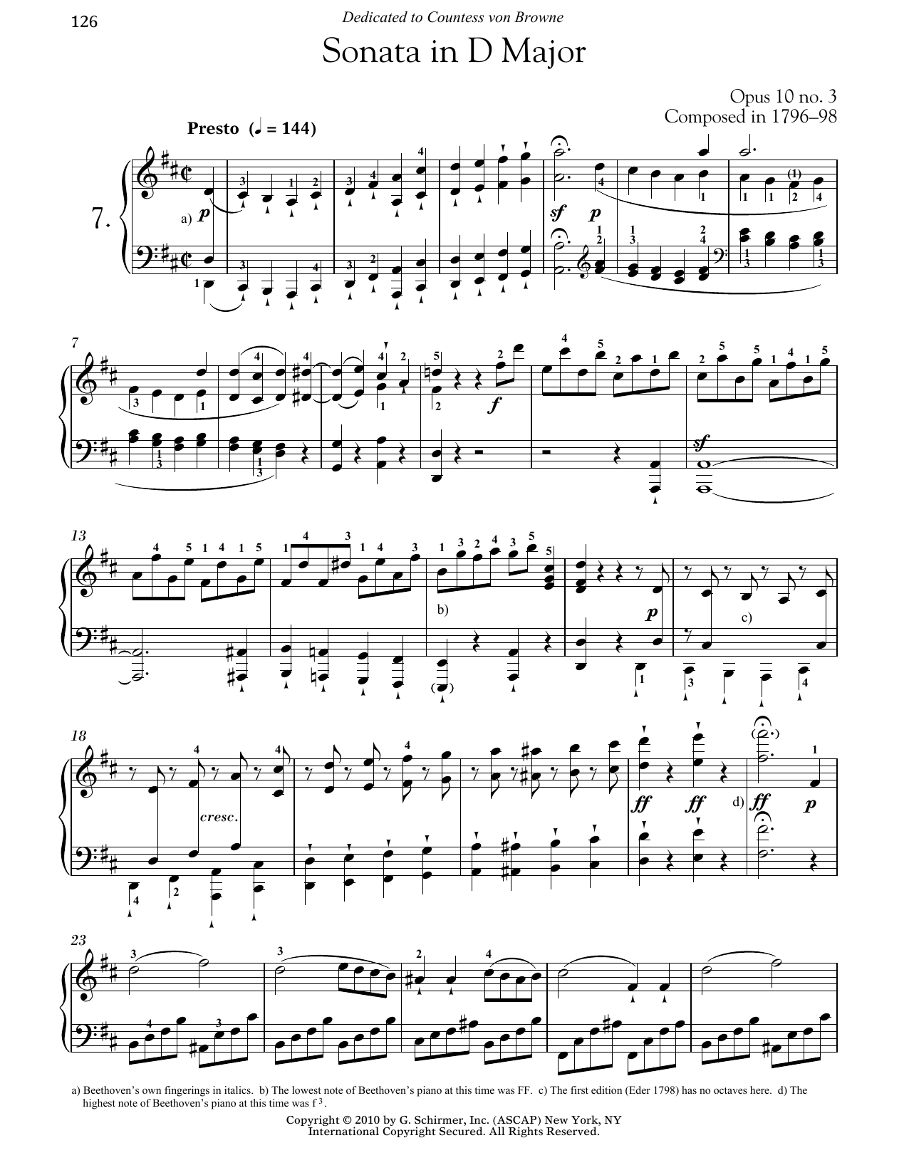 Ludwig van Beethoven Piano Sonata No. 7 In D Major, Op. 10, No. 3 sheet music notes and chords arranged for Piano Solo