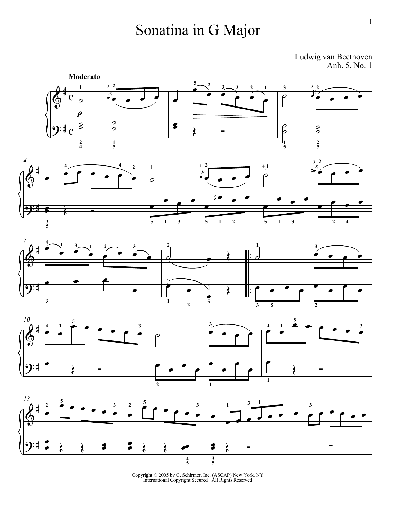 Ludwig van Beethoven Piano Sonatina In G Major (First Movement Theme) sheet music notes and chords arranged for Piano Solo