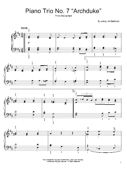 Ludwig van Beethoven Piano Trio No. 7 in B-flat, Op. 97 sheet music notes and chords arranged for Easy Piano