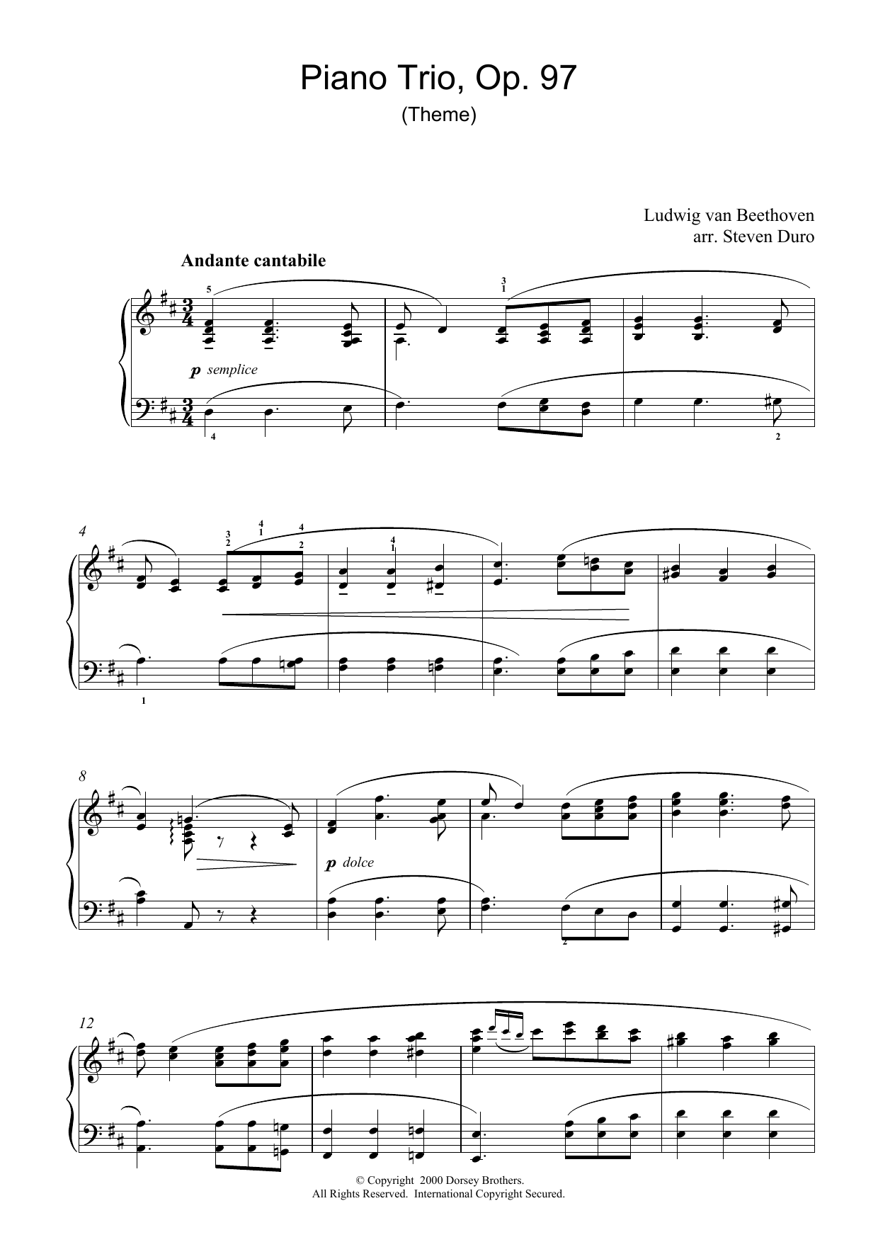 Ludwig van Beethoven Piano Trio Opus 97 sheet music notes and chords arranged for Piano Solo