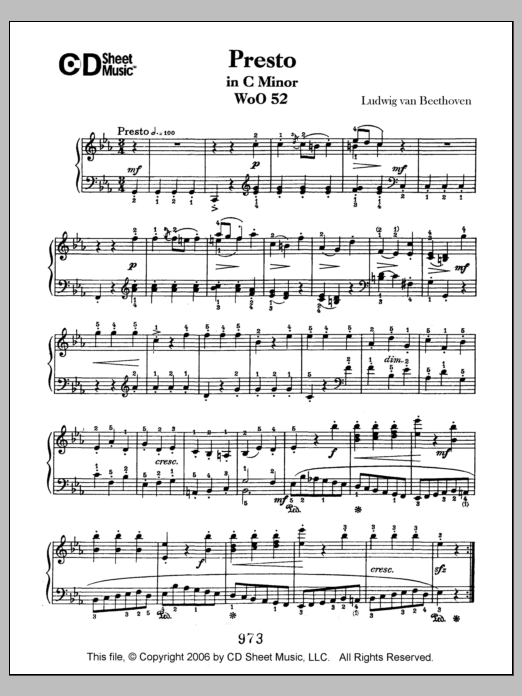 Ludwig van Beethoven Presto In C Minor, Woo 52 sheet music notes and chords arranged for Piano Solo