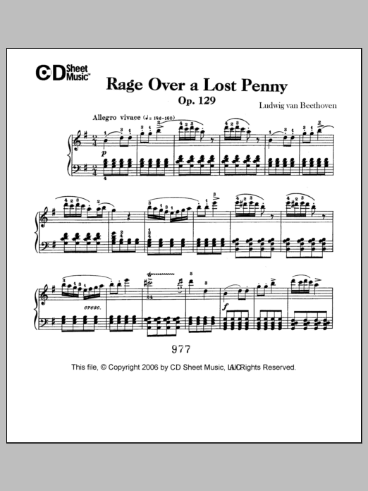 Ludwig van Beethoven Rage Over A Lost Penny (rondo A Capriccio In G), Op. 129 sheet music notes and chords arranged for Piano Solo