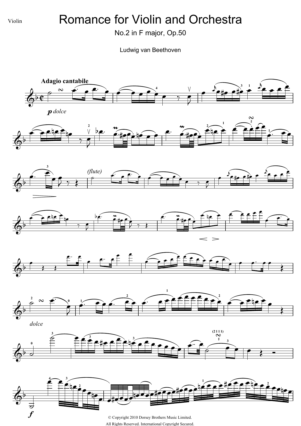Ludwig van Beethoven Romance For Violin And Orchestra, No.2 In F Major, Op.50 sheet music notes and chords arranged for Beginner Piano