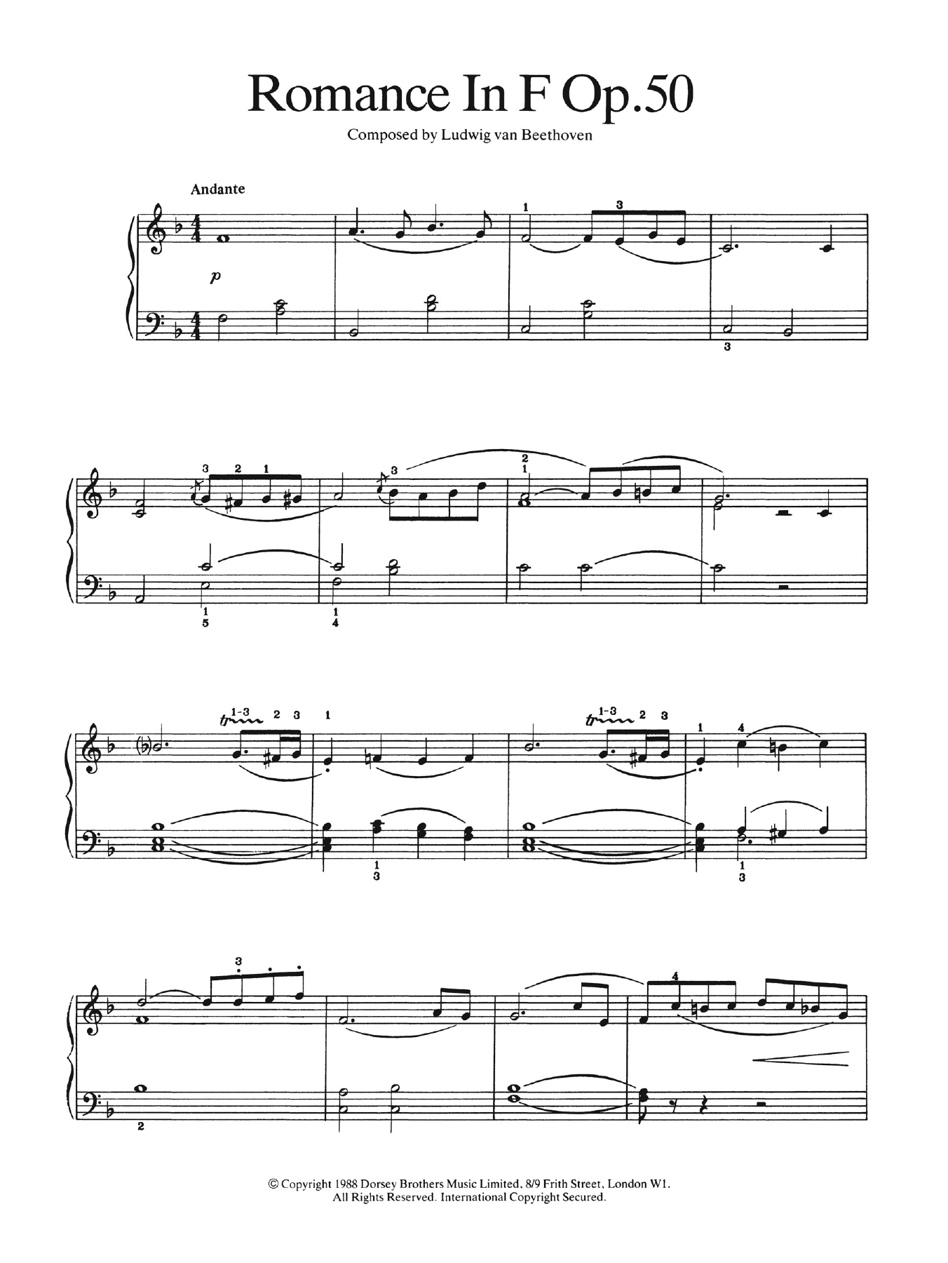 Ludwig van Beethoven Romance In F Major, Op. 50 sheet music notes and chords arranged for Easy Piano