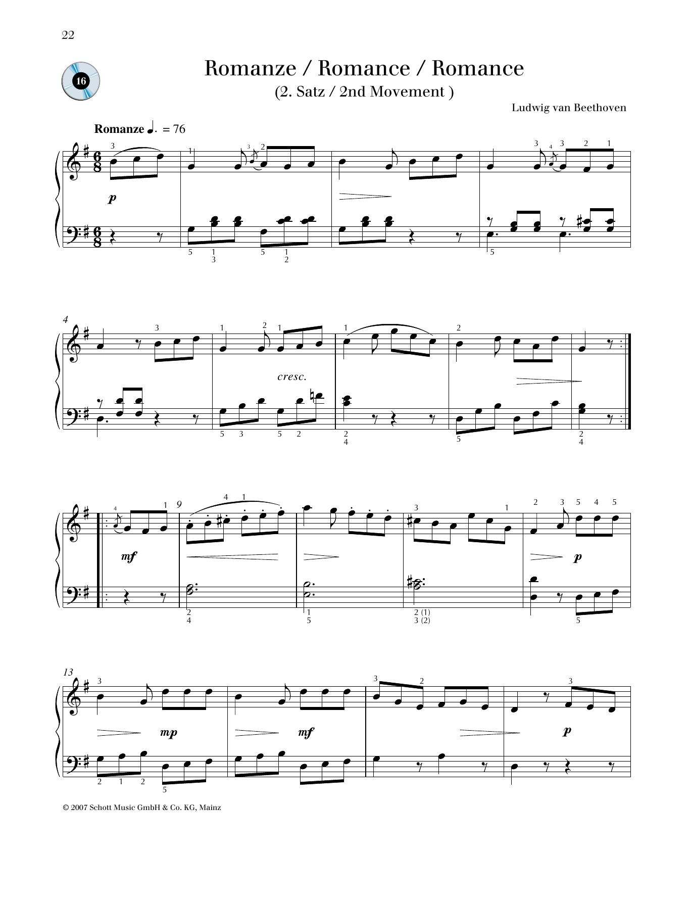 Ludwig van Beethoven Romance sheet music notes and chords arranged for Piano Solo