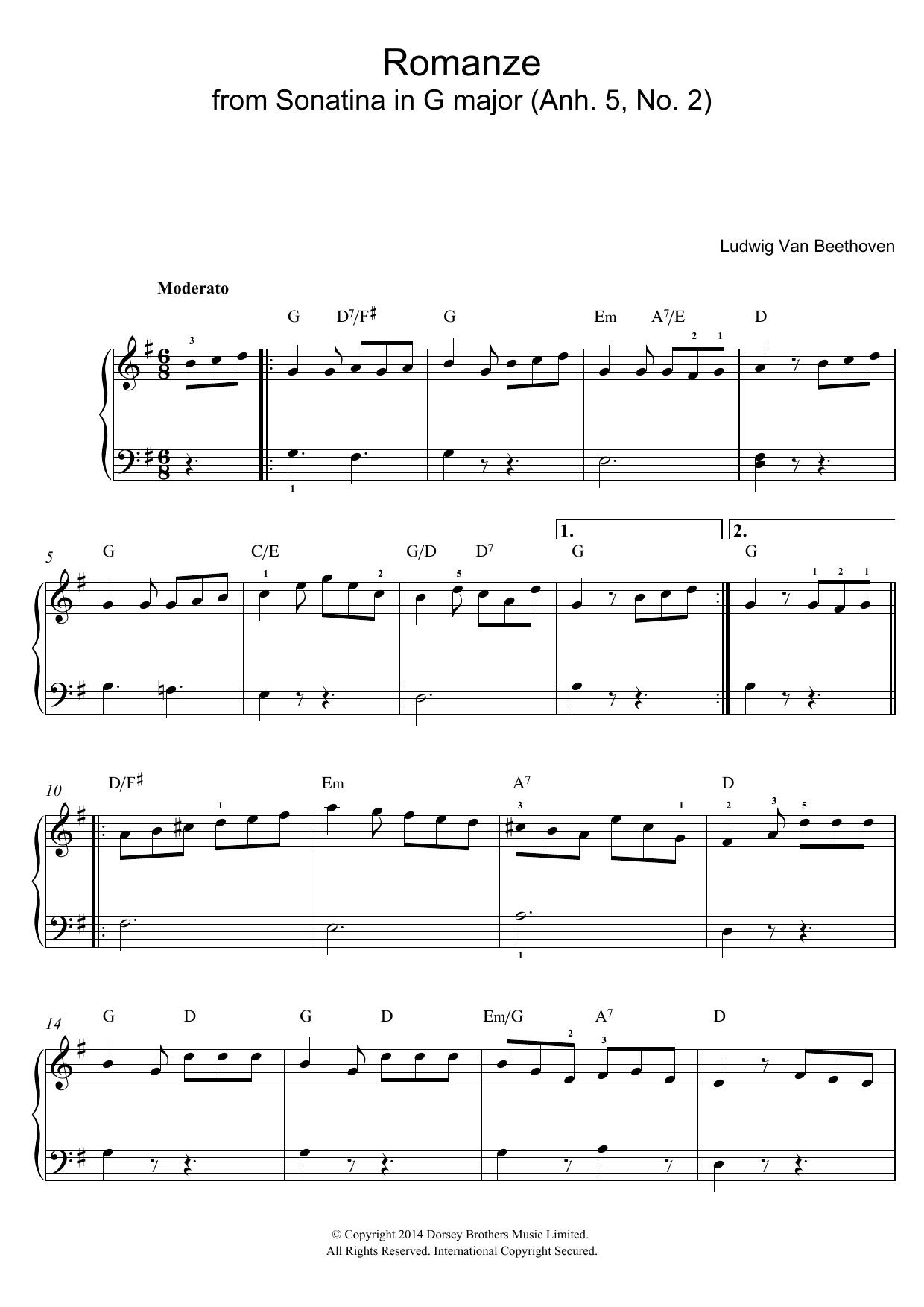 Ludwig van Beethoven Romanze From Sonatina In G Major (Anh. 5, No. 2) sheet music notes and chords arranged for Easy Piano