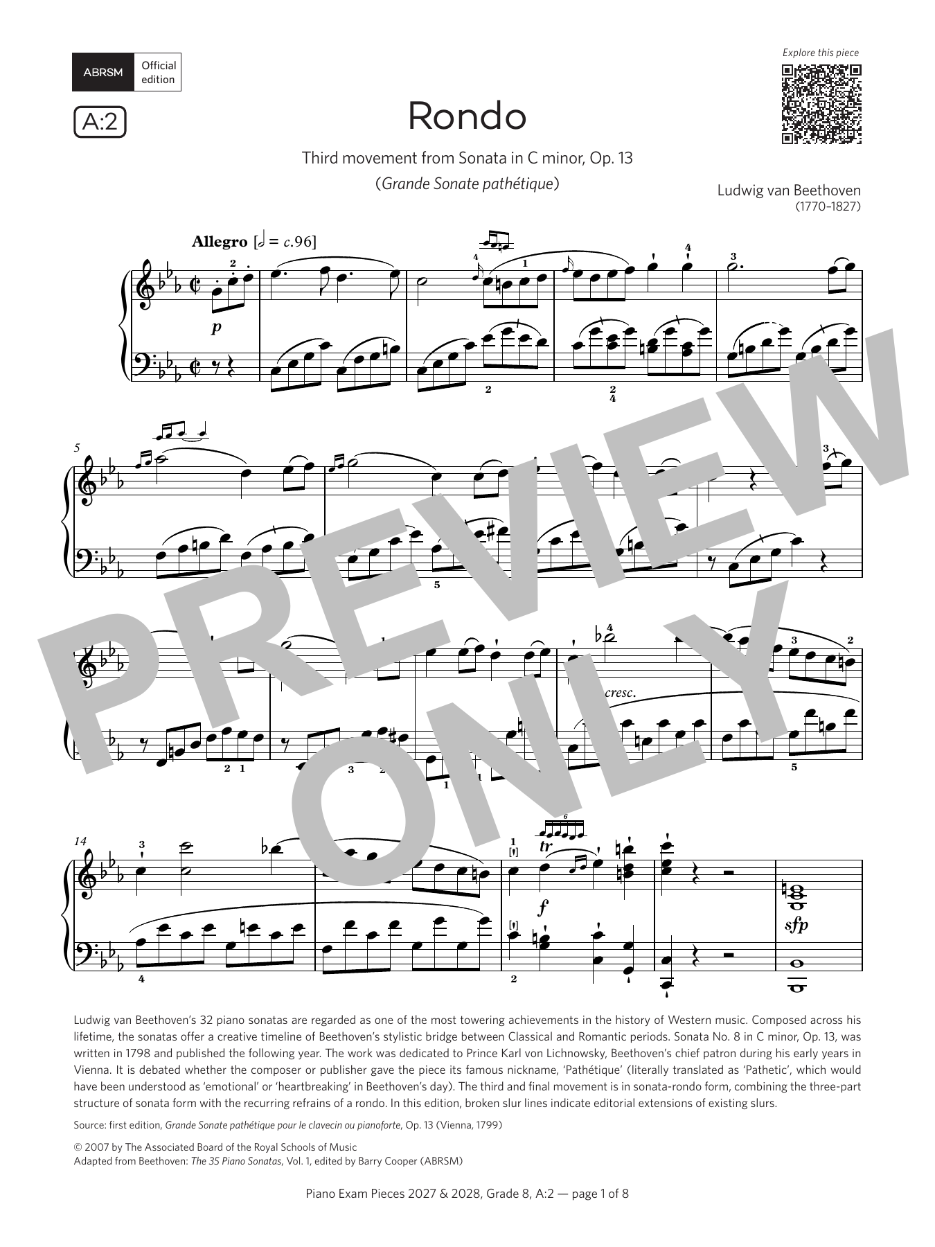 Ludwig Van Beethoven Rondo (Grade 8, list A2, from the ABRSM Piano Syllabus 2027 & 2028) sheet music notes and chords arranged for Piano Solo