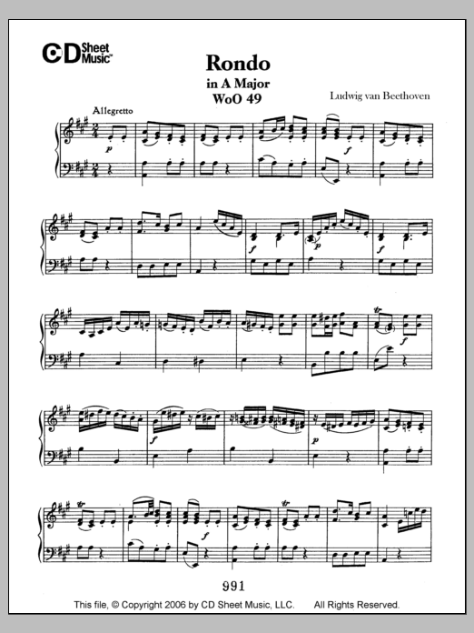 Ludwig van Beethoven Rondo In A Major, Woo 49 sheet music notes and chords arranged for Piano Solo