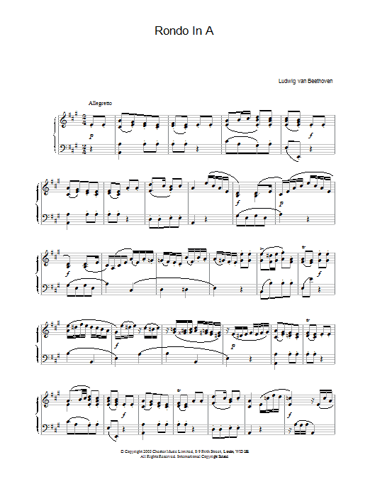 Ludwig van Beethoven Rondo In A sheet music notes and chords arranged for Piano Solo