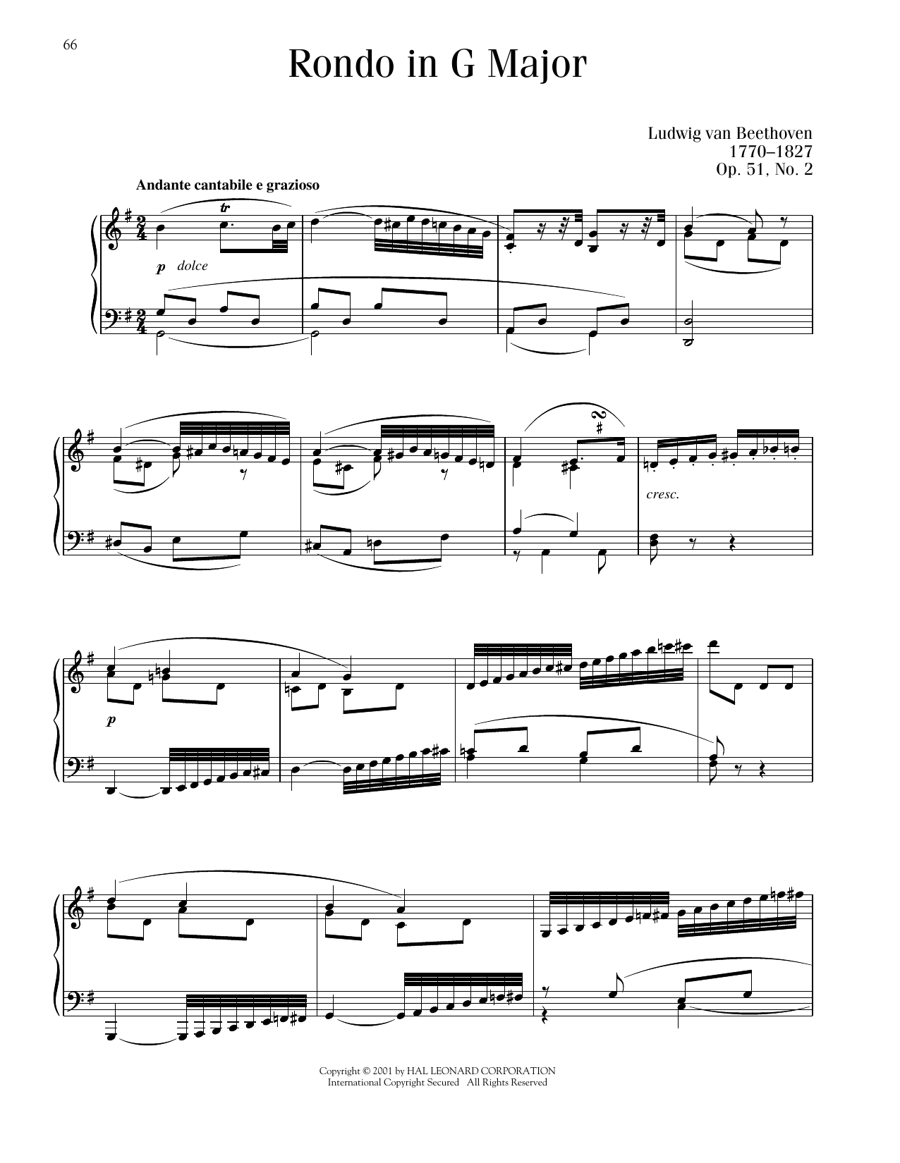 Ludwig van Beethoven Rondo, Op. 51, No. 2 sheet music notes and chords arranged for Piano Solo