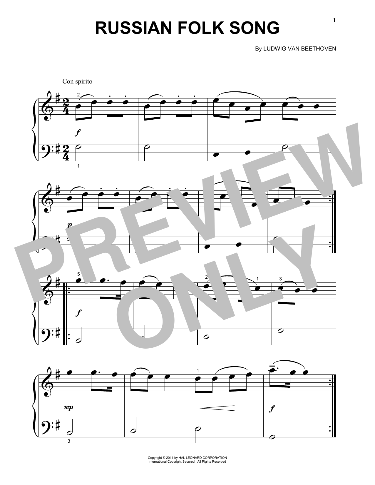 Ludwig van Beethoven Russian Folk Song sheet music notes and chords arranged for Super Easy Piano