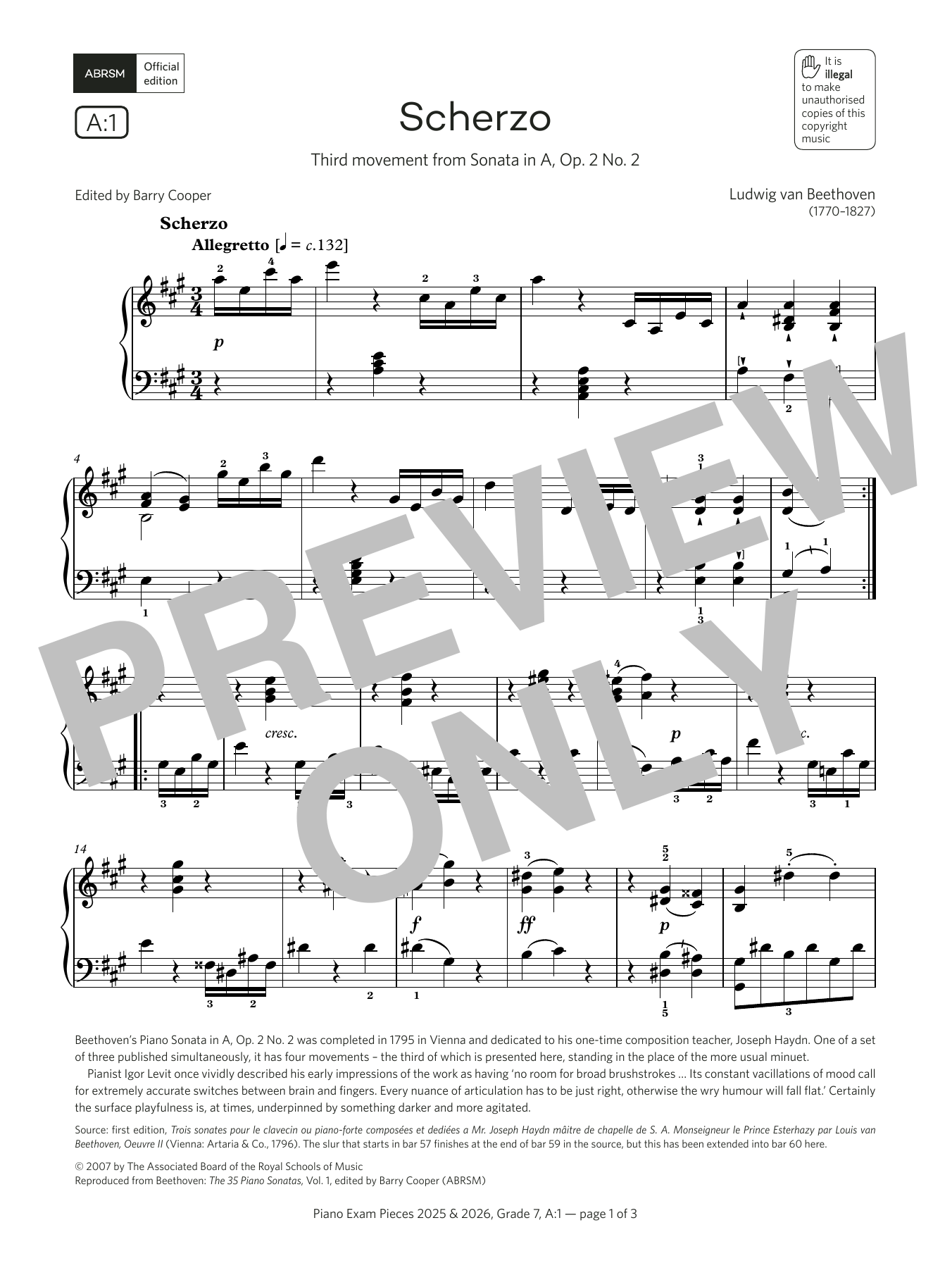 Ludwig van Beethoven Scherzo (Grade 7, list A1, from the ABRSM Piano Syllabus 2025 & 2026) sheet music notes and chords arranged for Piano Solo