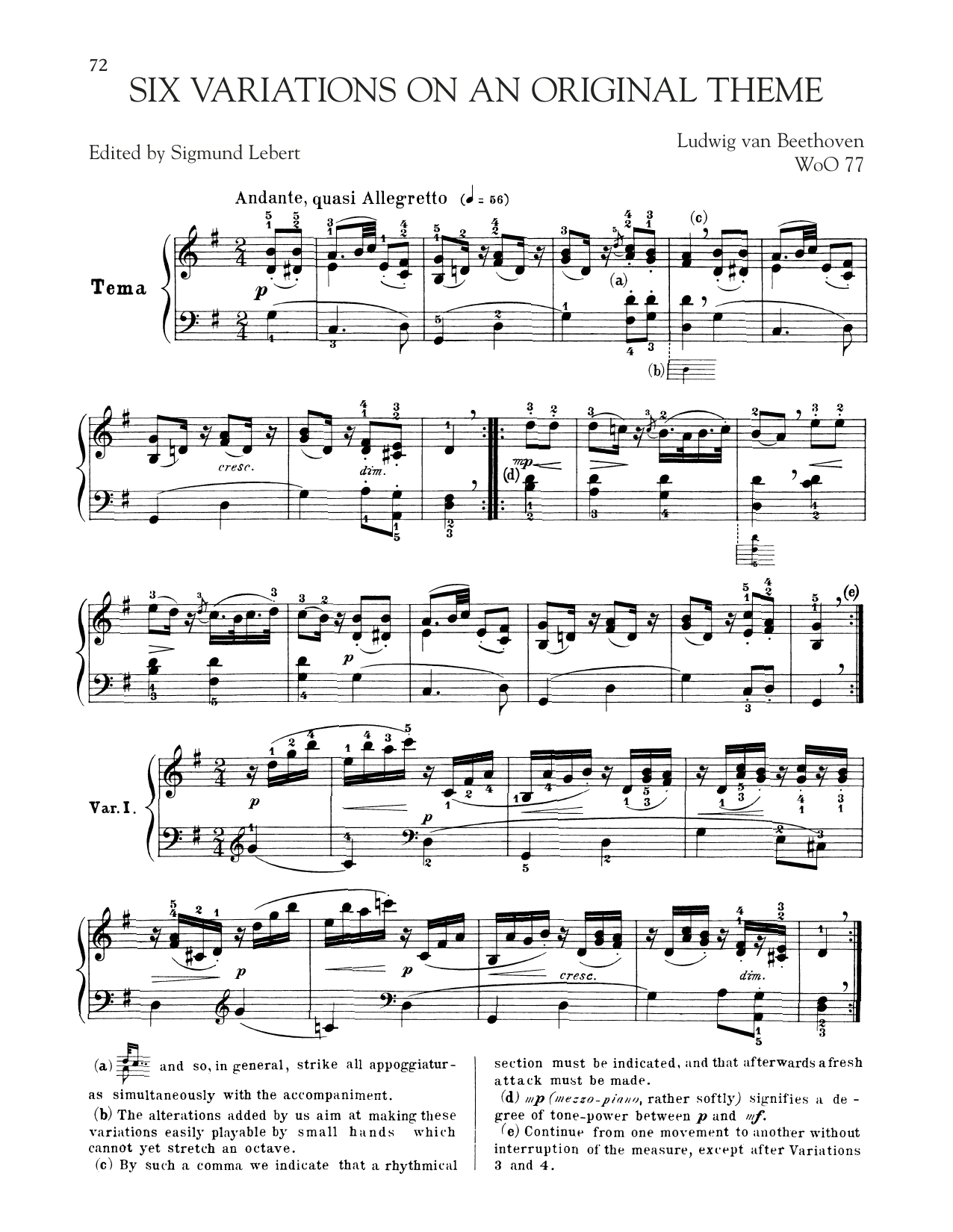 Ludwig van Beethoven Six Easy Variations In G Major sheet music notes and chords arranged for Piano Solo