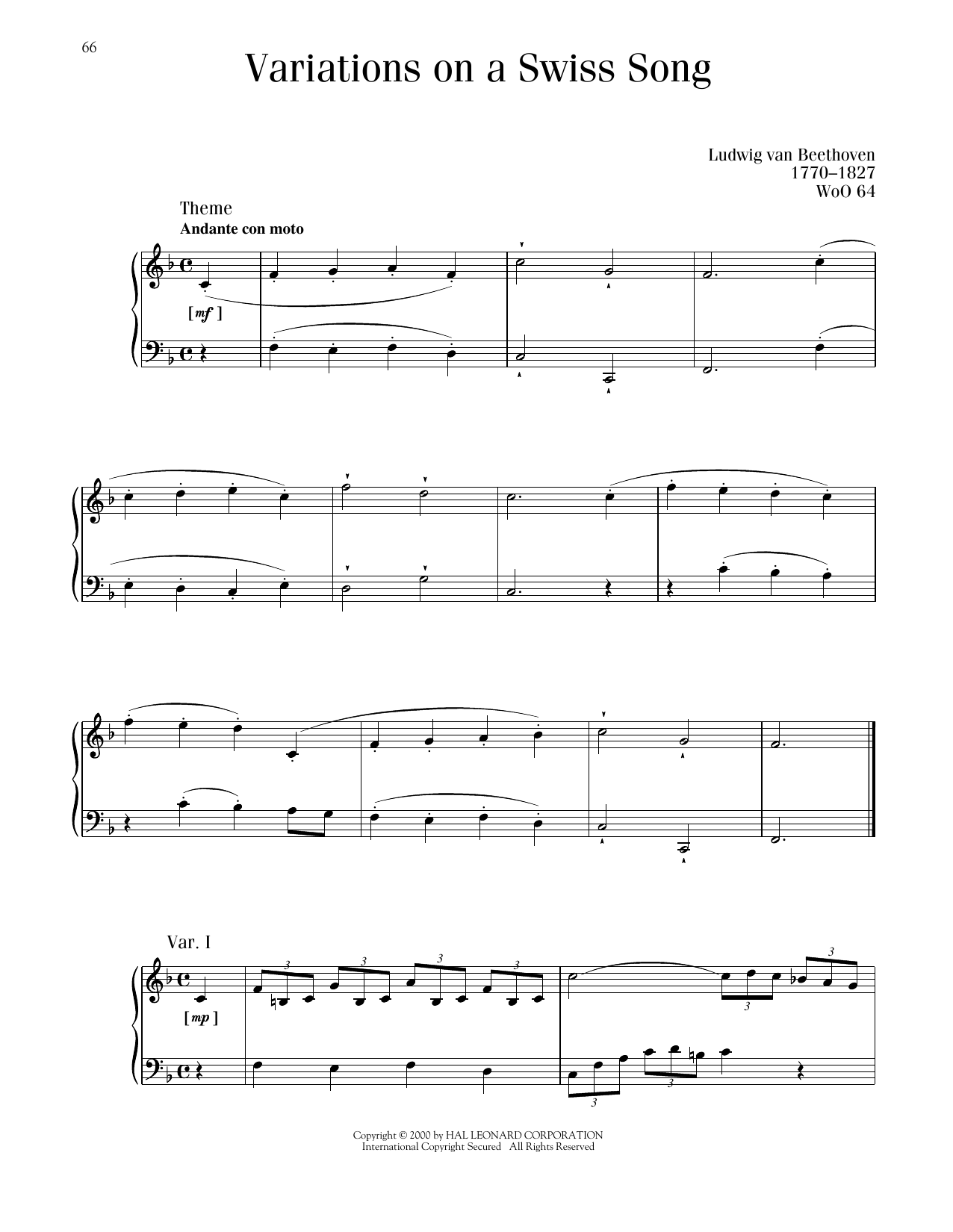 Ludwig van Beethoven Six Easy Variations On A Swiss Song sheet music notes and chords arranged for Piano Solo